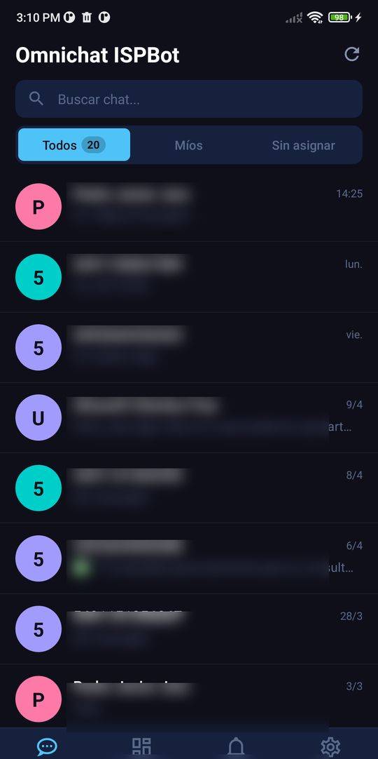 Lista de conversaciones en la app