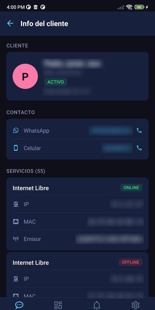 Ficha del cliente en la app