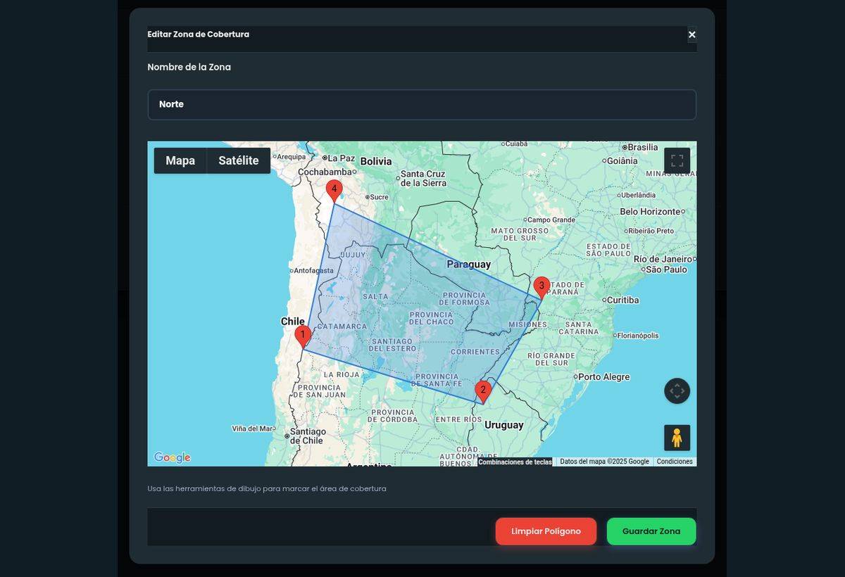 Editor de zonas de cobertura sobre el mapa