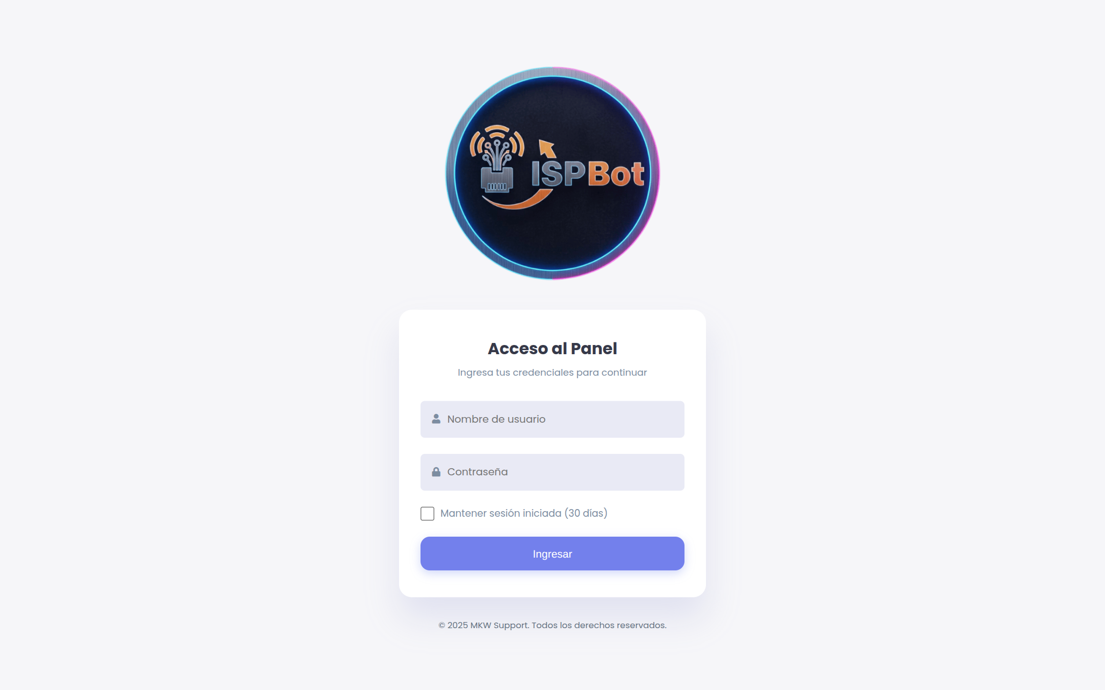 Pantalla de acceso al panel: logo de ISPBot, título 