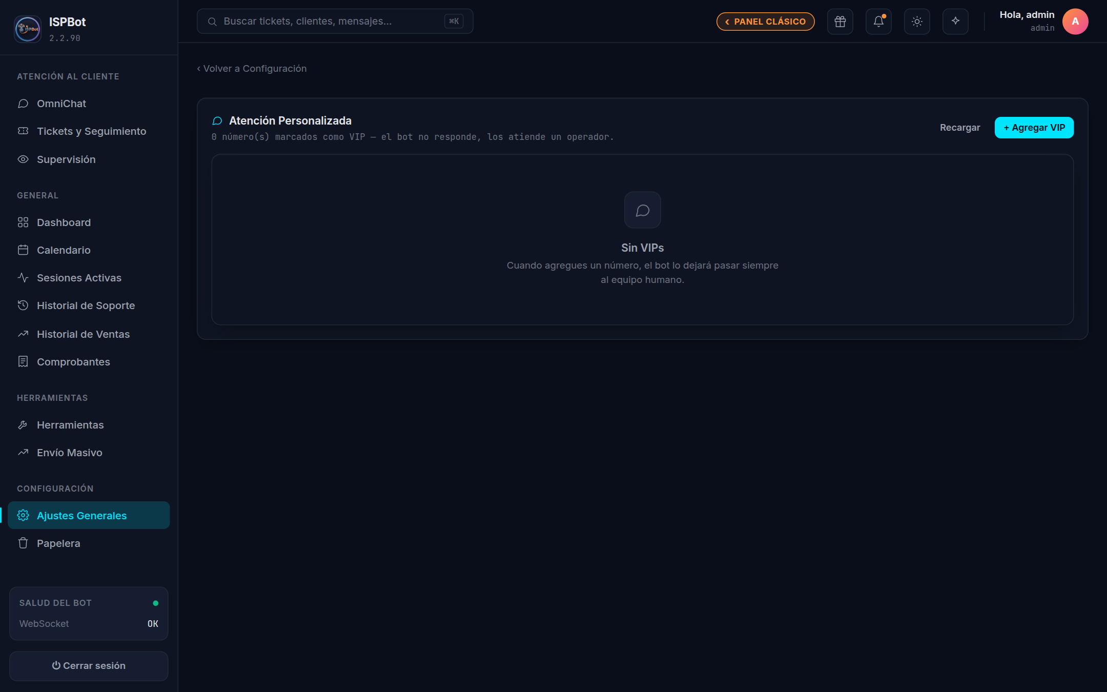 Captura — Lista de números VIP con botones Recargar y Agregar VIP