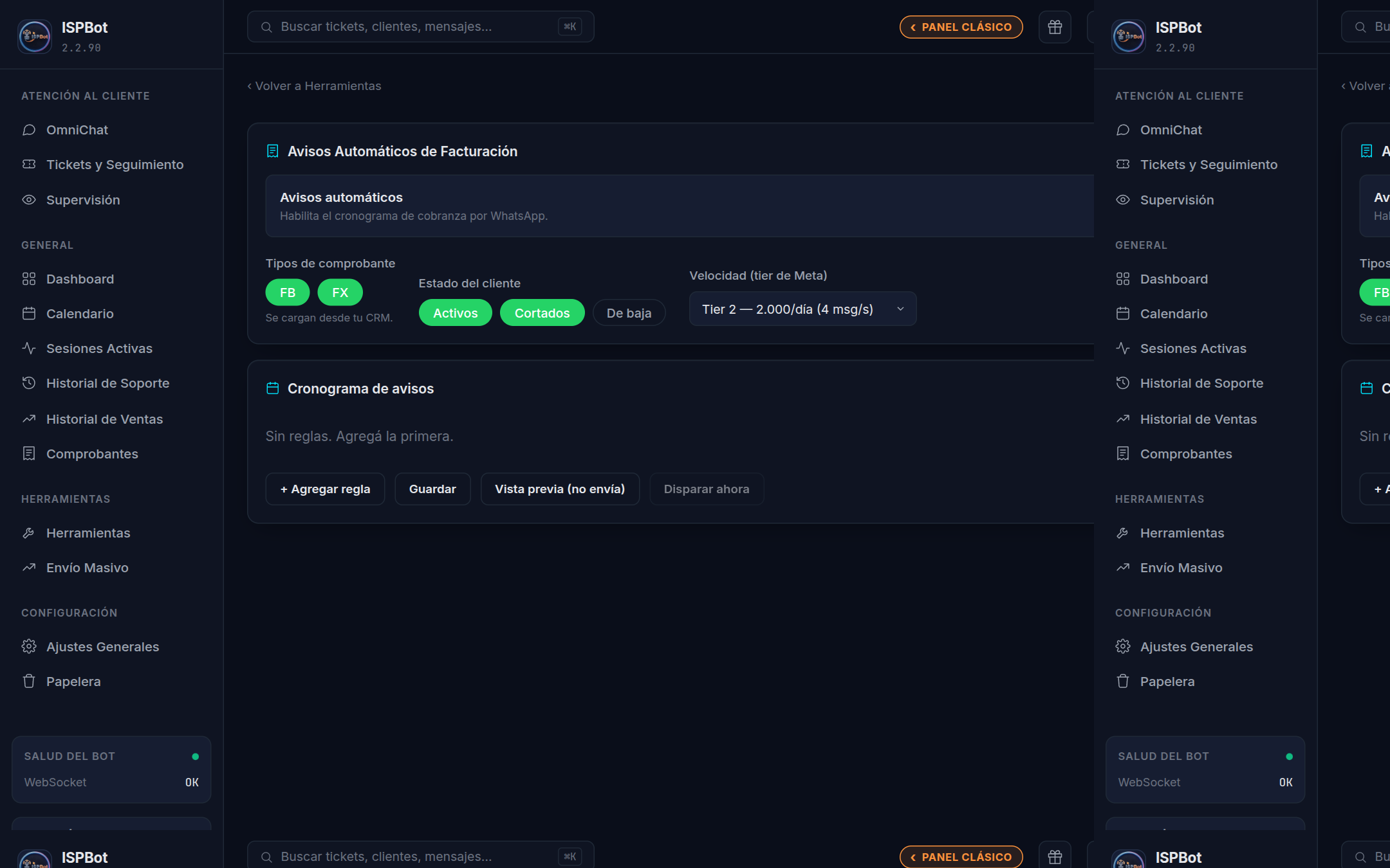 Captura — vista general de Avisos Automáticos: filtros arriba y cronograma de reglas abajo