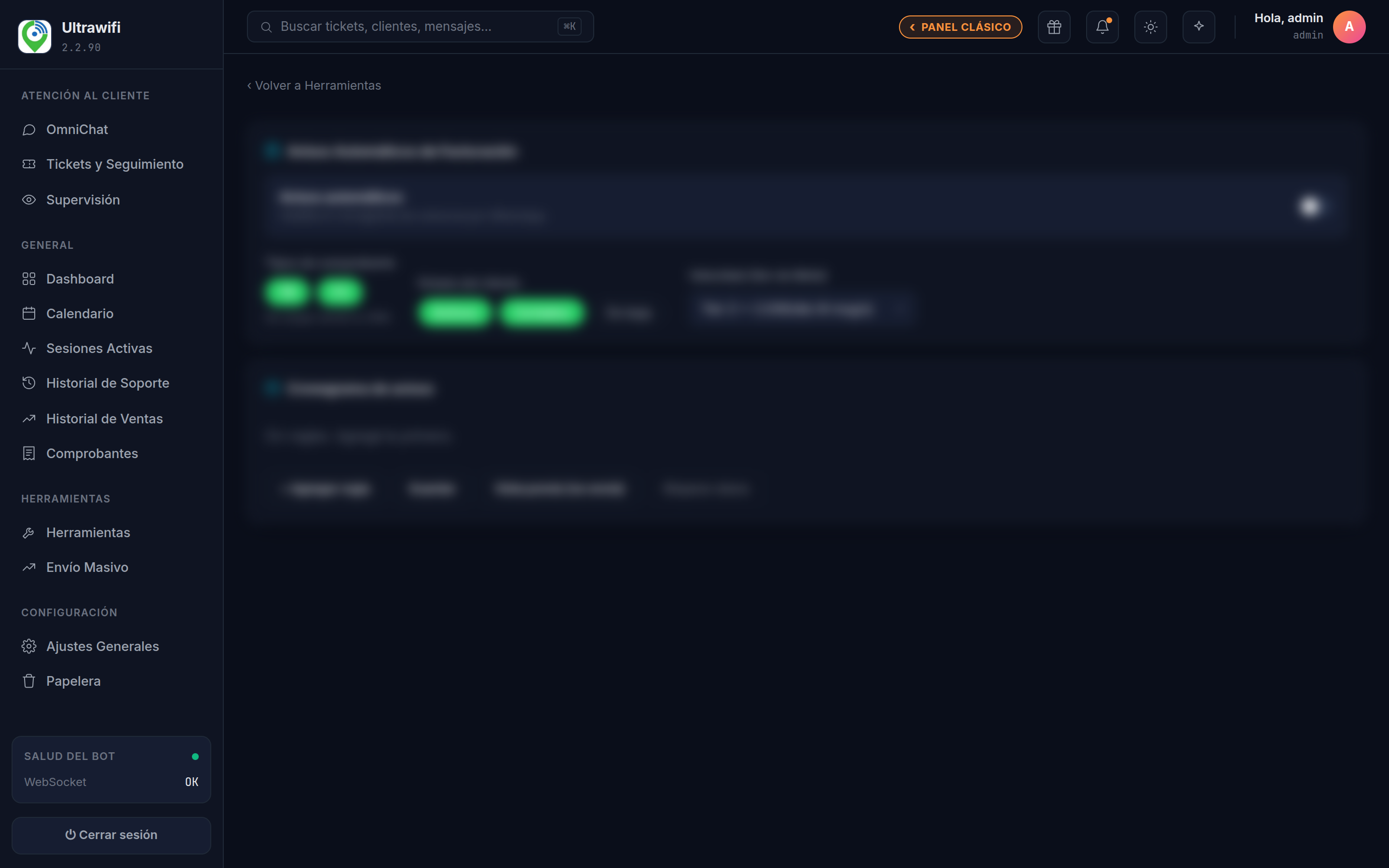 Captura — filtros generales: interruptor, tipos de comprobante, estado del cliente y velocidad