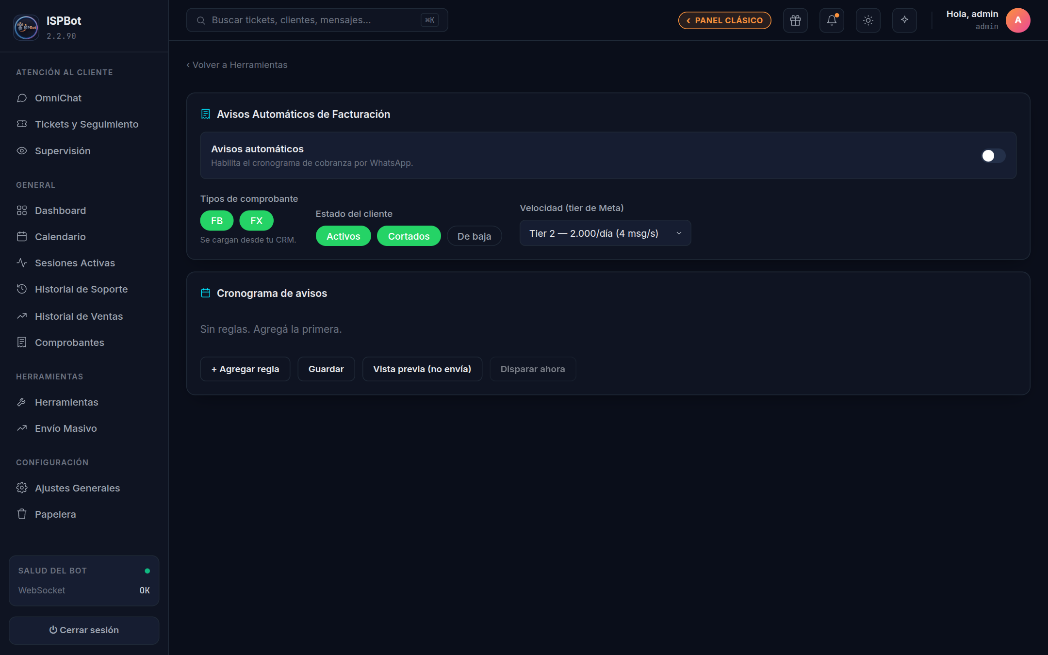 Captura — vista previa: resumen de cada regla y tabla de clientes a recibir