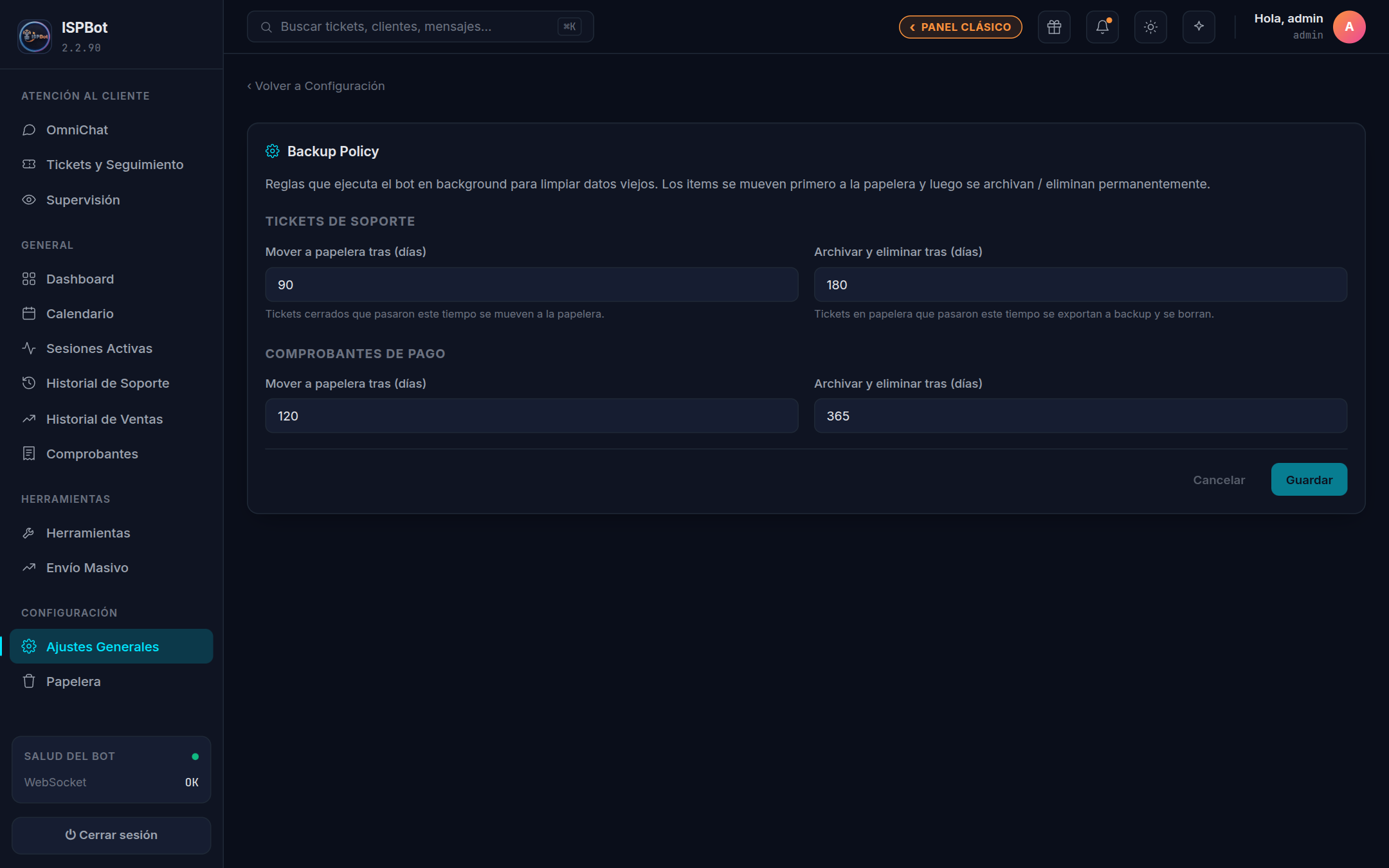 Captura — Pantalla Backup Policy con las dos secciones y el botón Guardar
