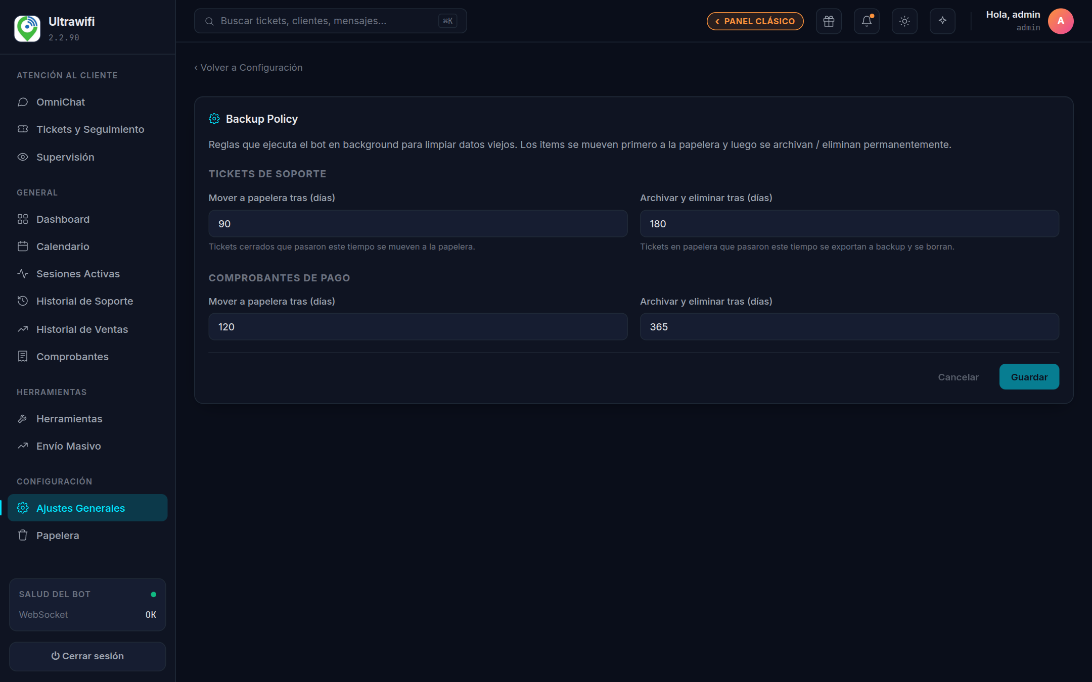 Captura — Bloque Tickets de soporte con sus dos campos de días