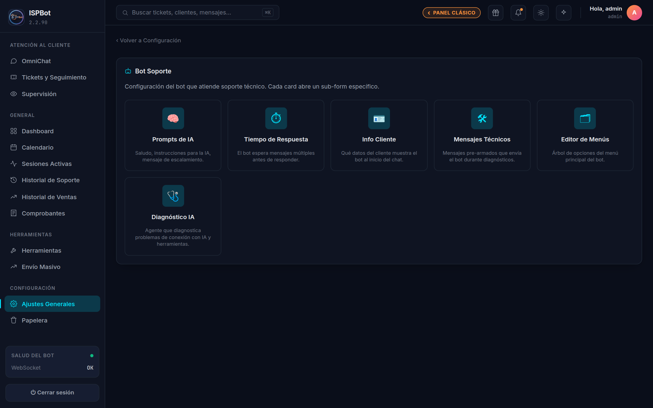 Captura — tablero de Bot Soporte con las seis tarjetas