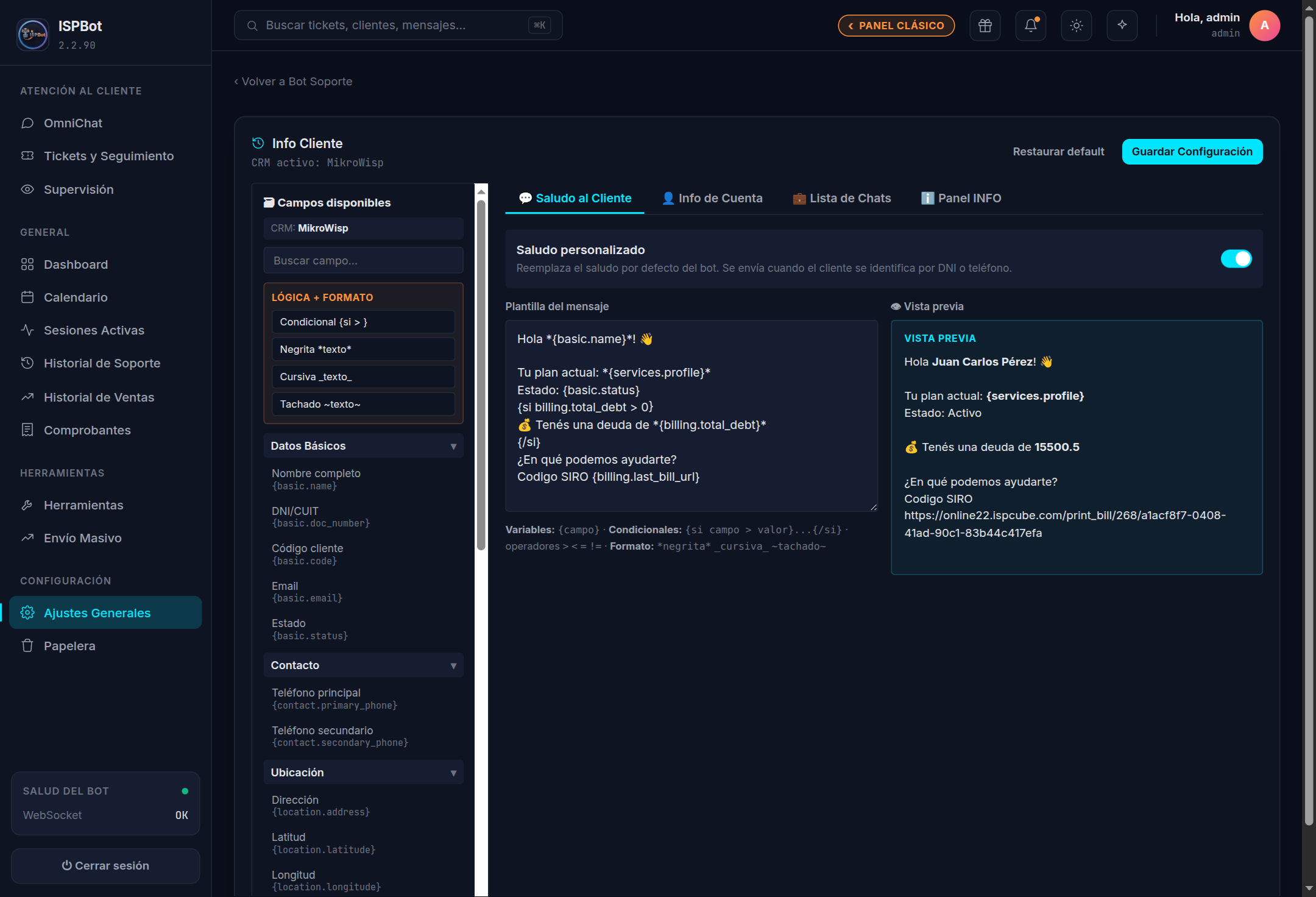 Captura — configurador de Info Cliente