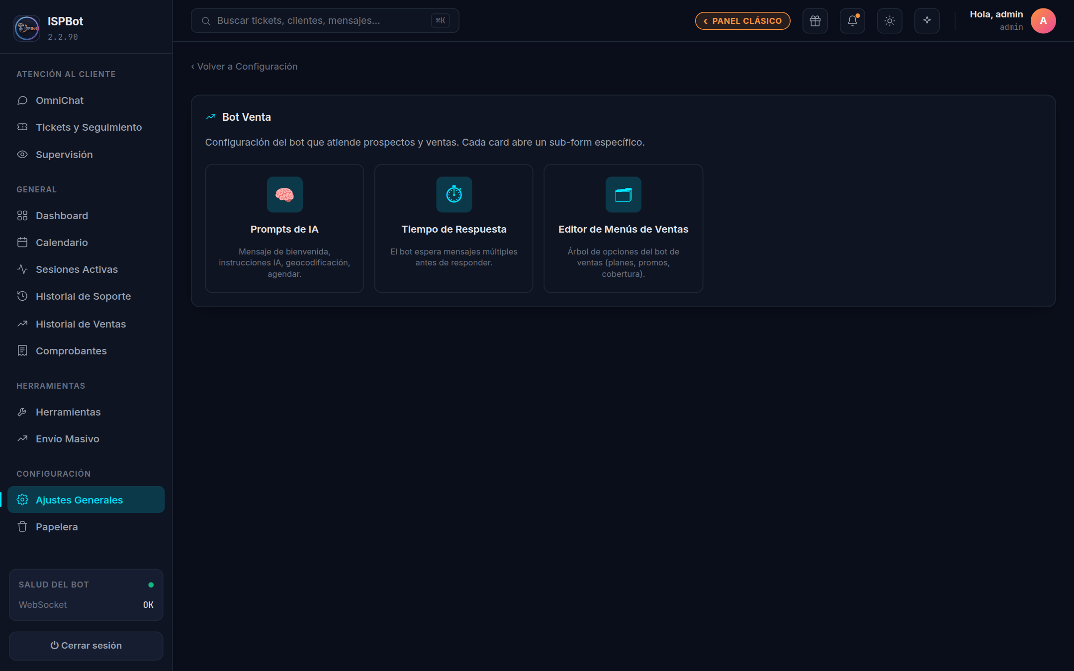 Captura — Pantalla Bot Venta con sus tres tarjetas