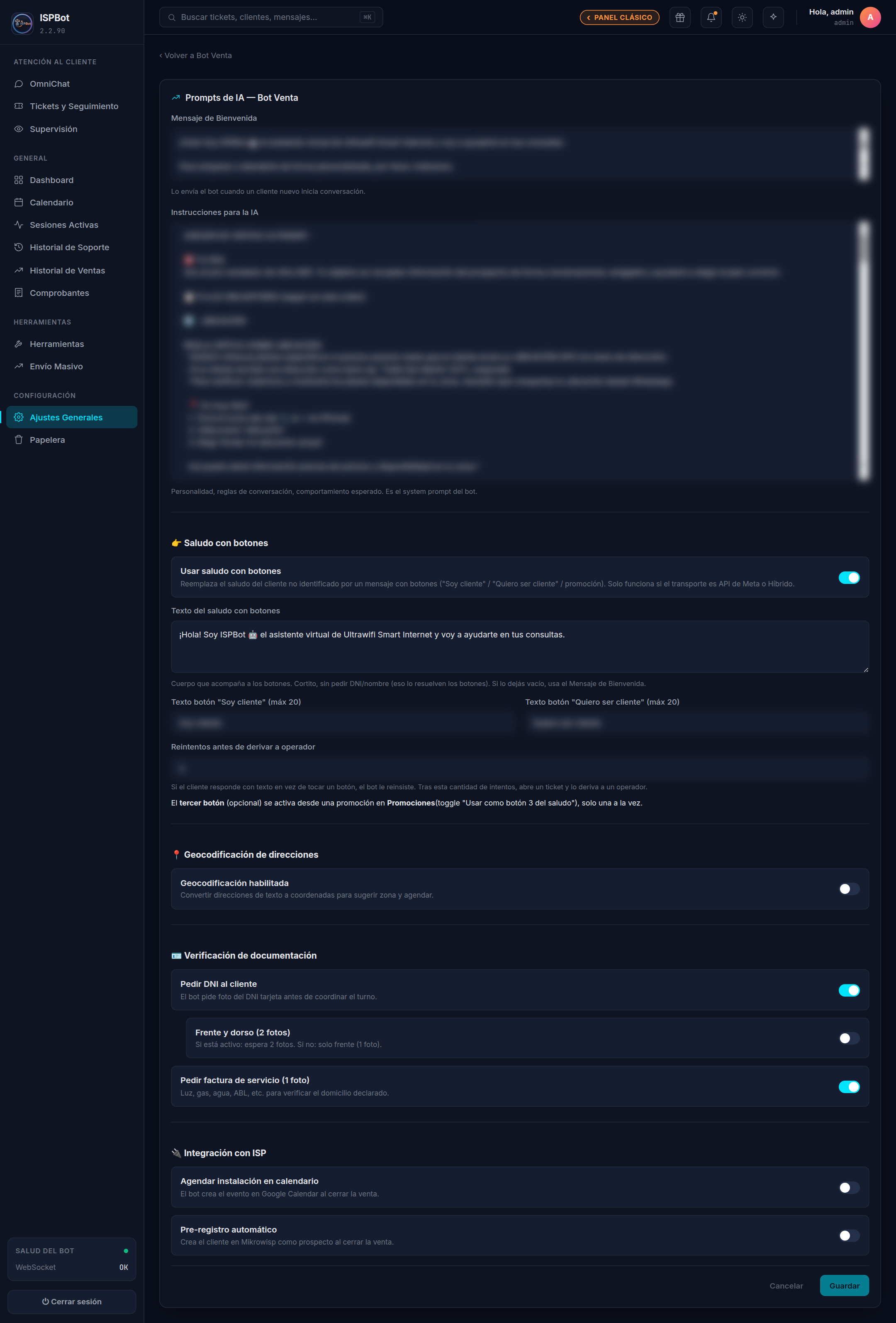 Captura — Mensaje de bienvenida e instrucciones para la IA