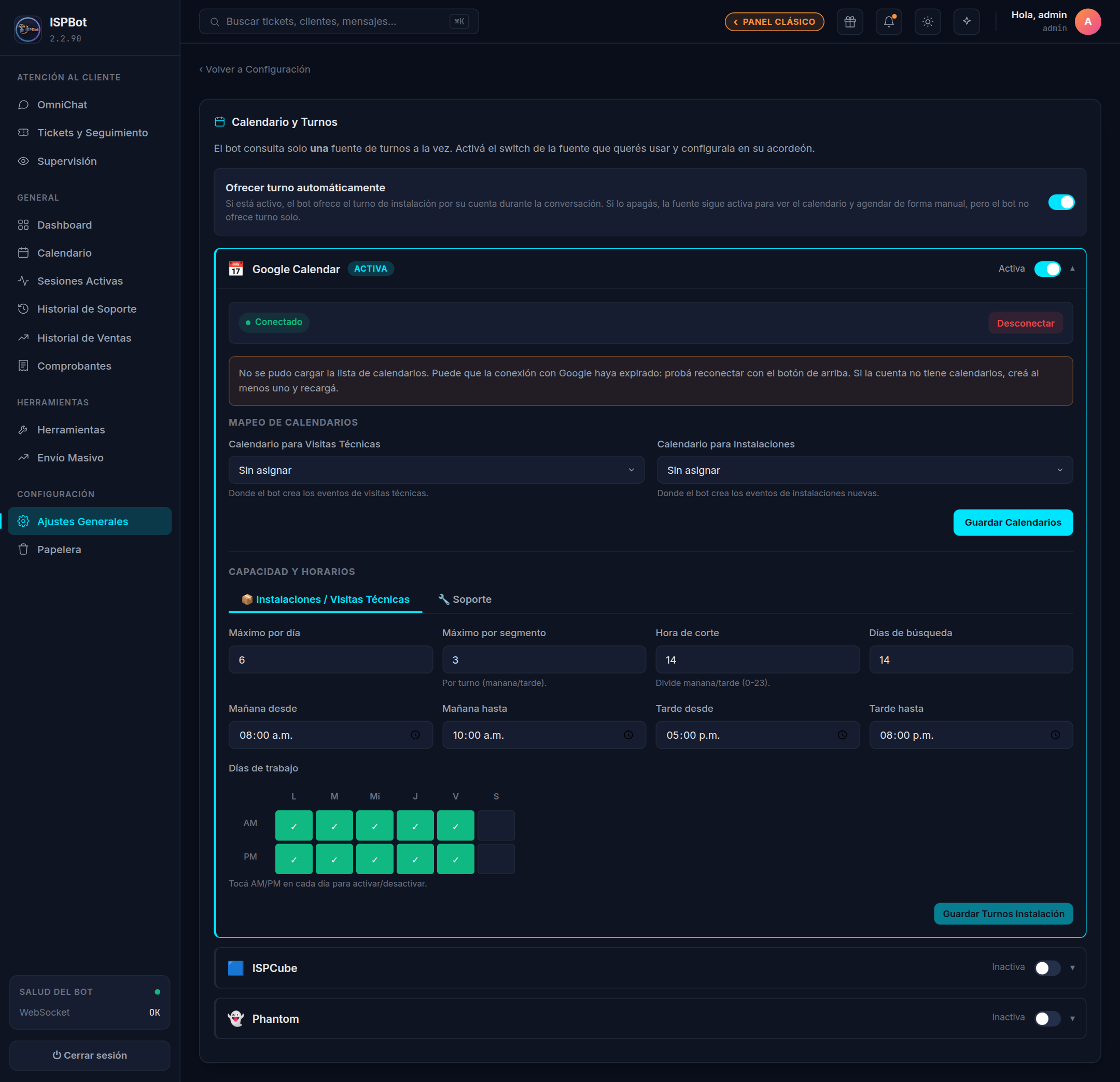 Captura — pantalla Calendario y Turnos con el interruptor de ofrecimiento automatico y los tres acordeones de fuentes