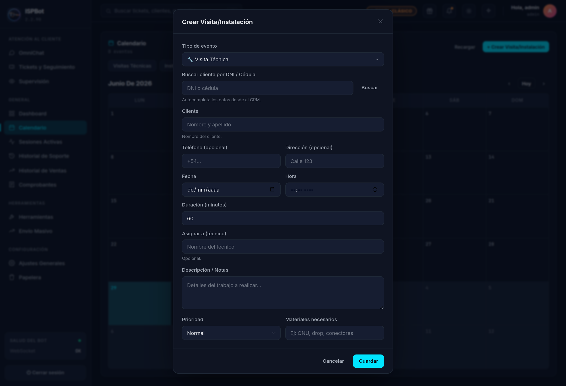 Captura — Formulario para crear una visita o instalación