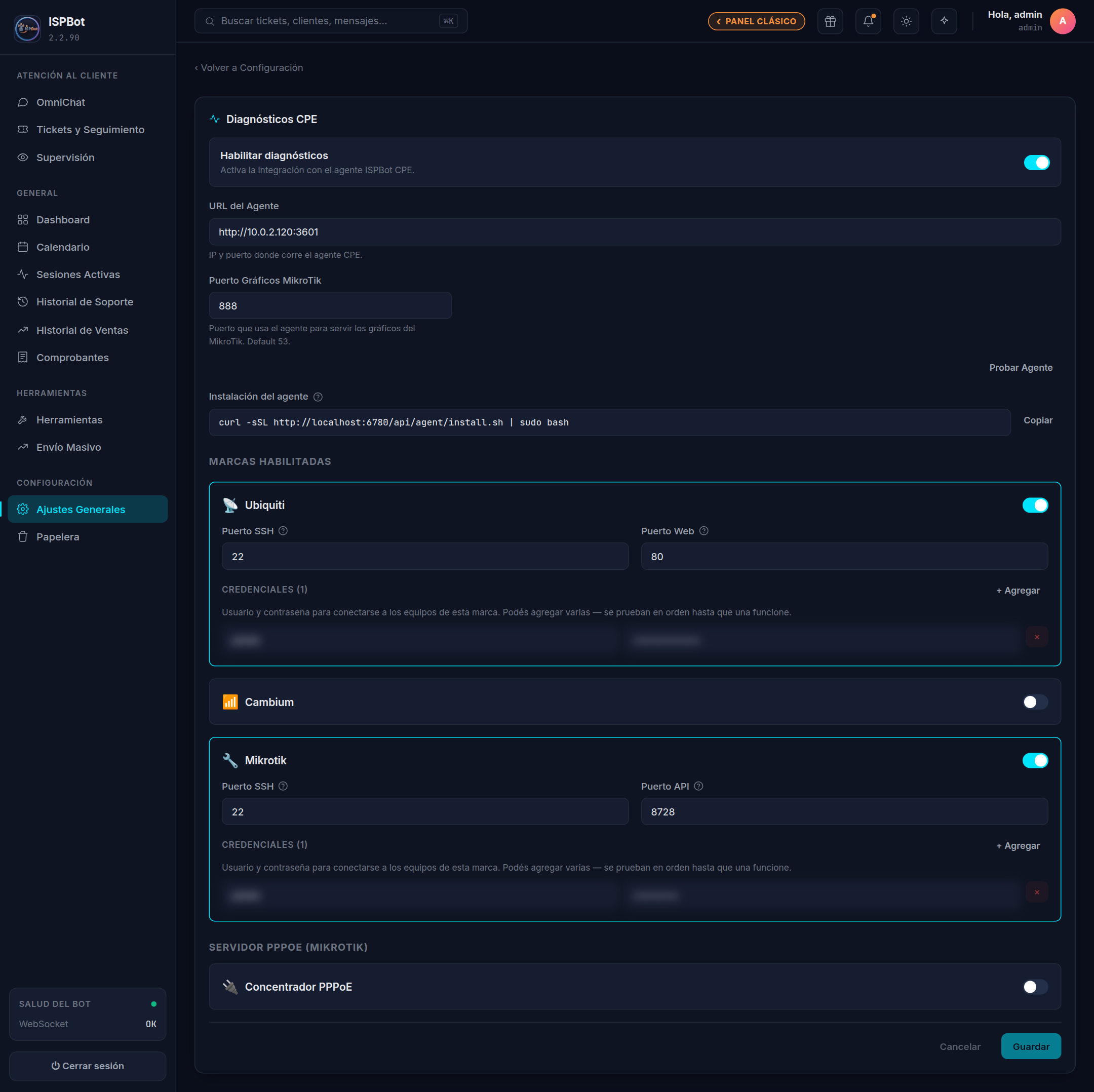Captura — Pantalla general de Diagnósticos CPE con el interruptor, la URL del agente y el botón Probar Agente
