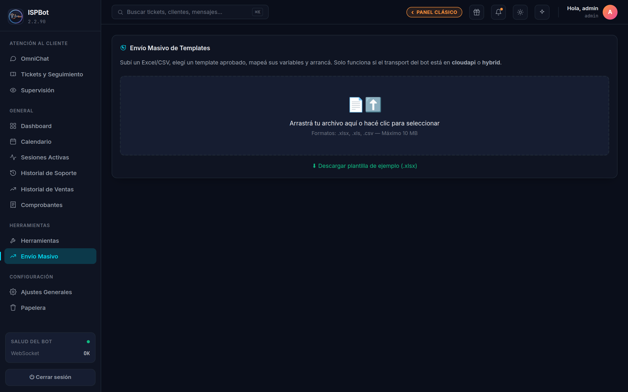 Captura — pantalla inicial de Envío Masivo con la zona para subir archivo