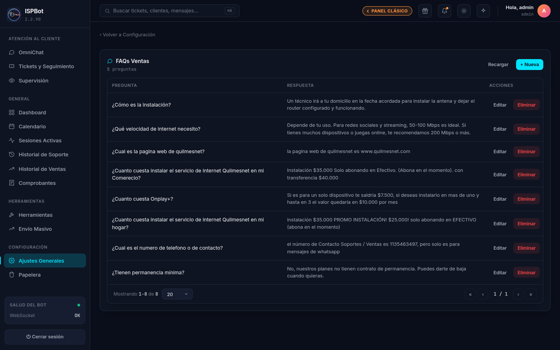 Captura — Lista de FAQs de ventas con sus preguntas y respuestas