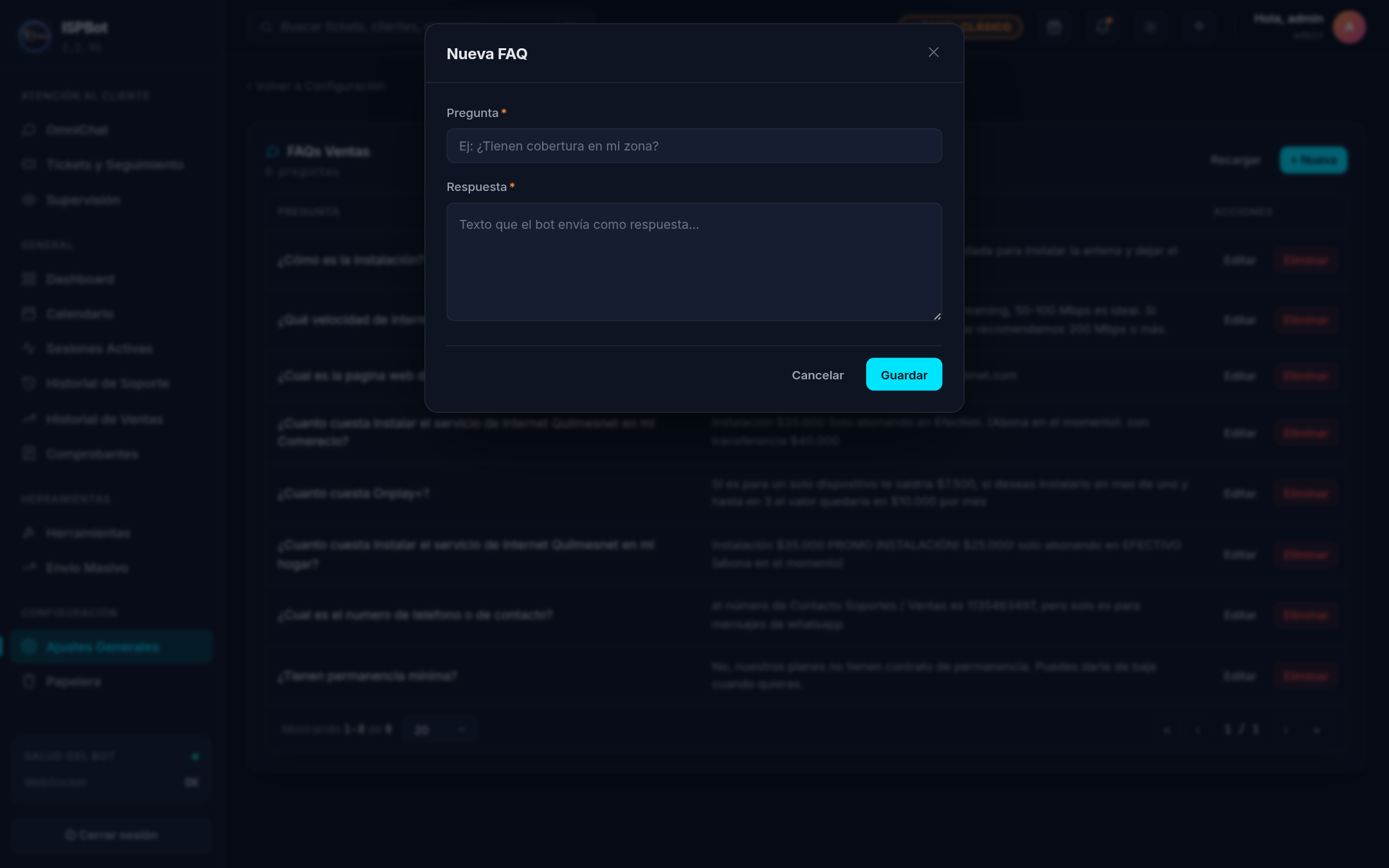 Captura — Formulario para crear una FAQ con Pregunta y Respuesta