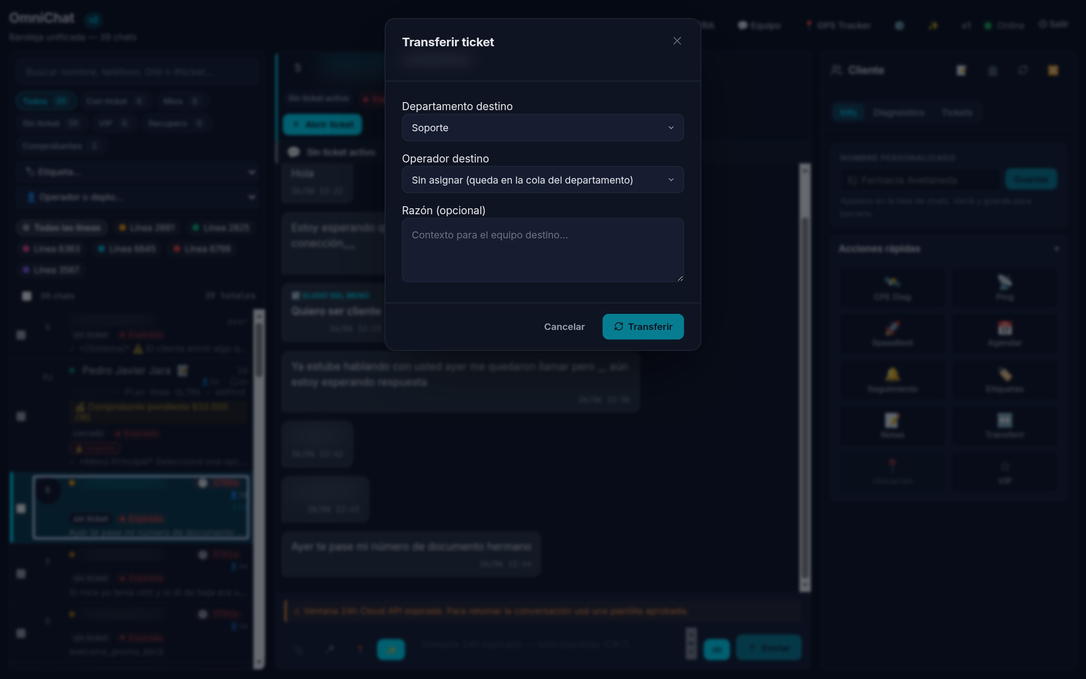 Cuadro Transferir ticket con los campos Departamento destino, Operador destino y Razon opcional