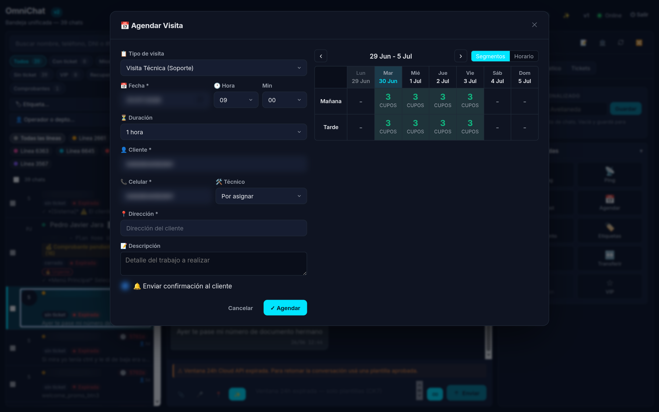 Cuadro Agendar Visita: a la izquierda el formulario (tipo de visita, fecha, hora, duracion, cliente, celular, tecnico, direccion, descripcion y la casilla Enviar confirmacion al cliente) y a la derecha el calendario semanal con los cupos por turno