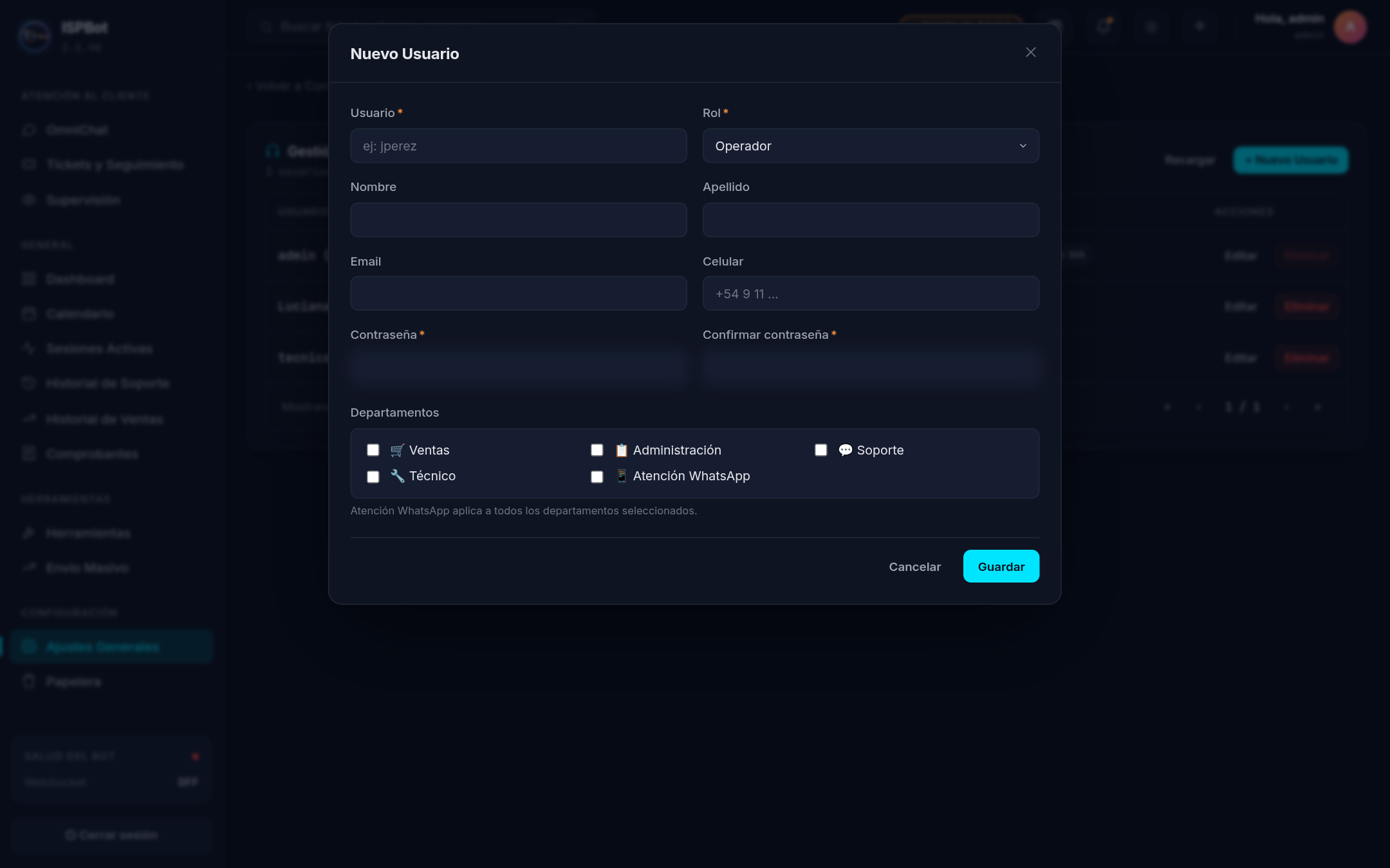 Captura — Formulario de alta con usuario, rol, nombre, email y contraseña