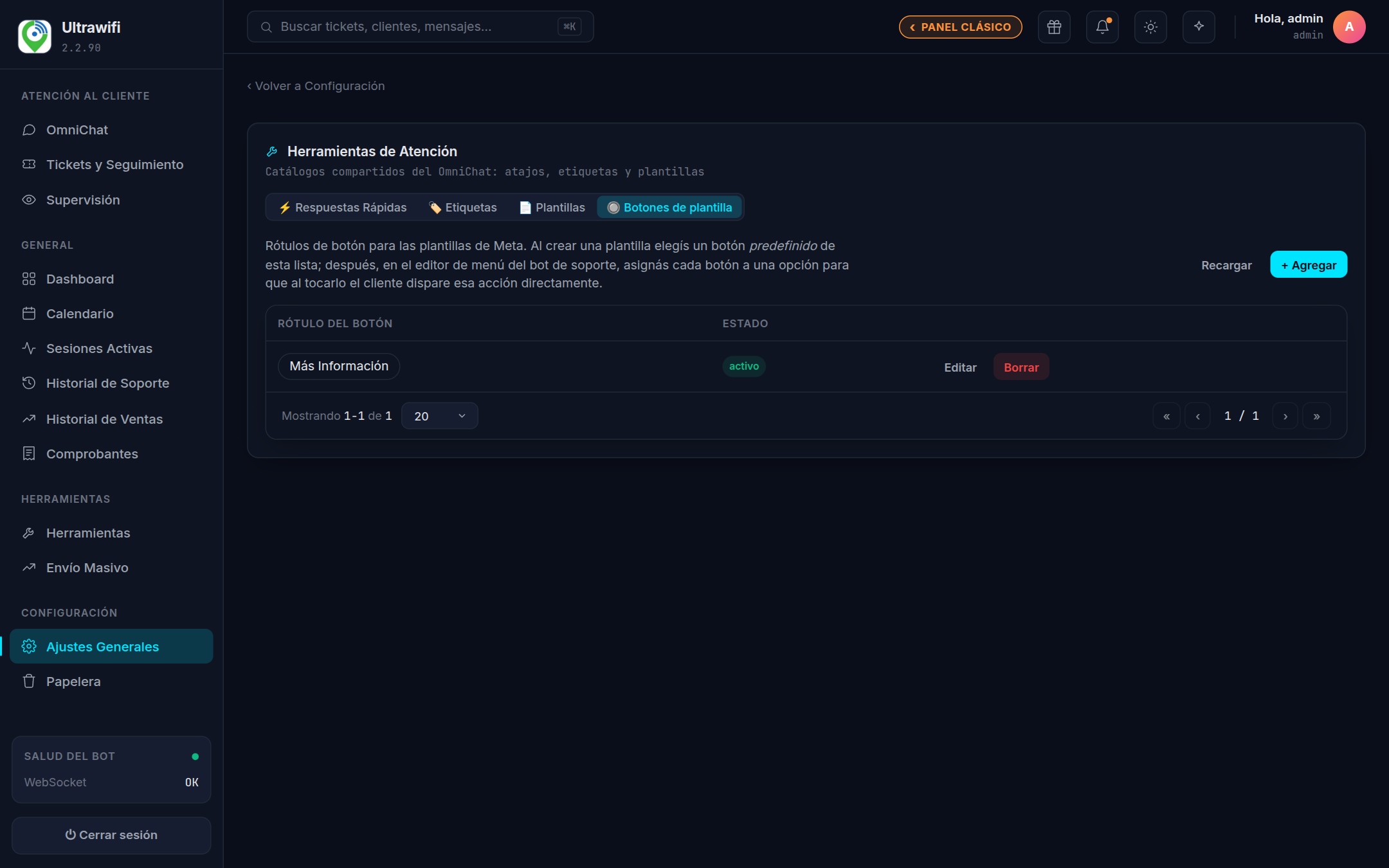Captura — Lista de botones de plantilla con sus rótulos