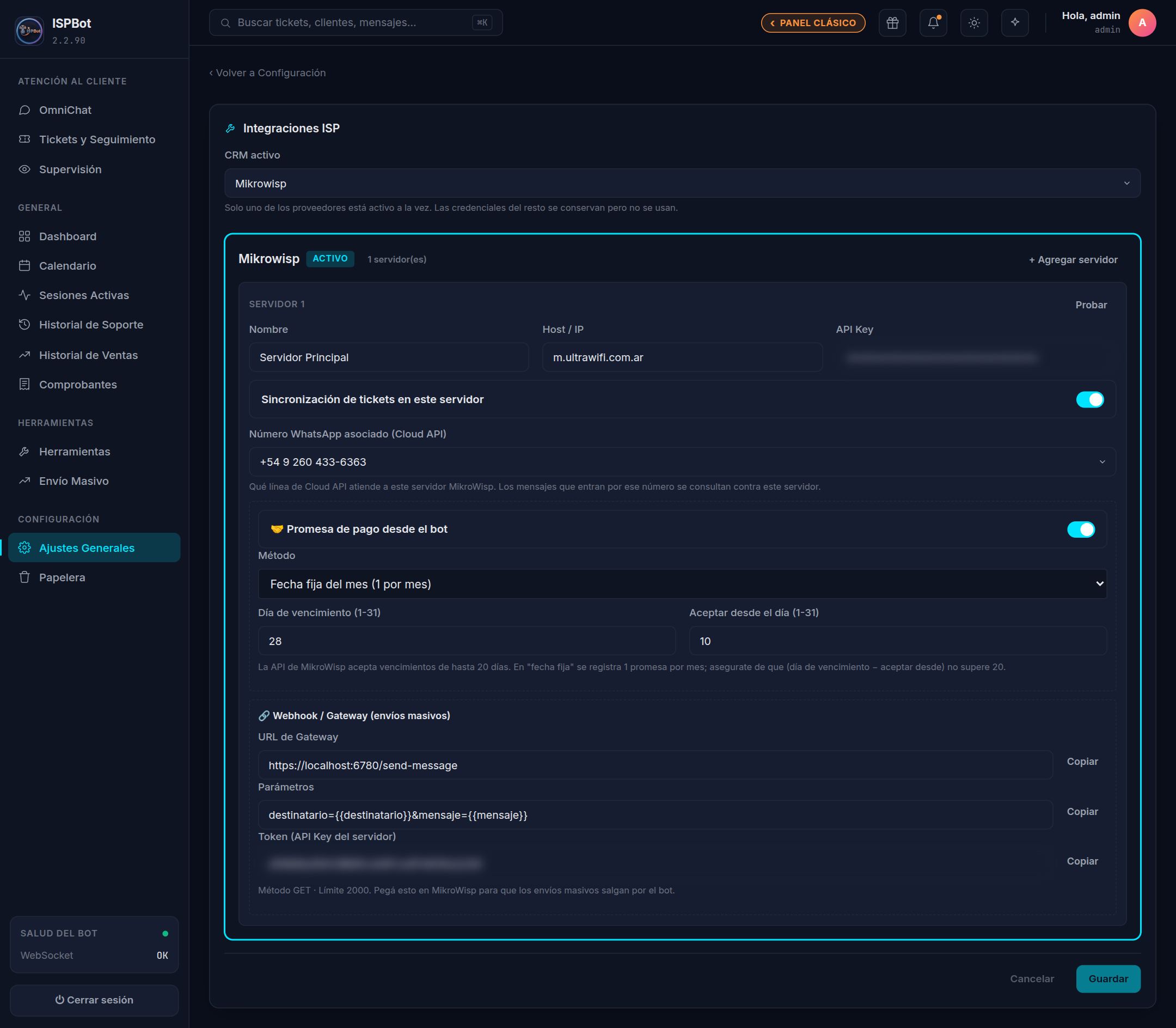 Captura — pantalla de Integraciones ISP con el selector de CRM activo arriba