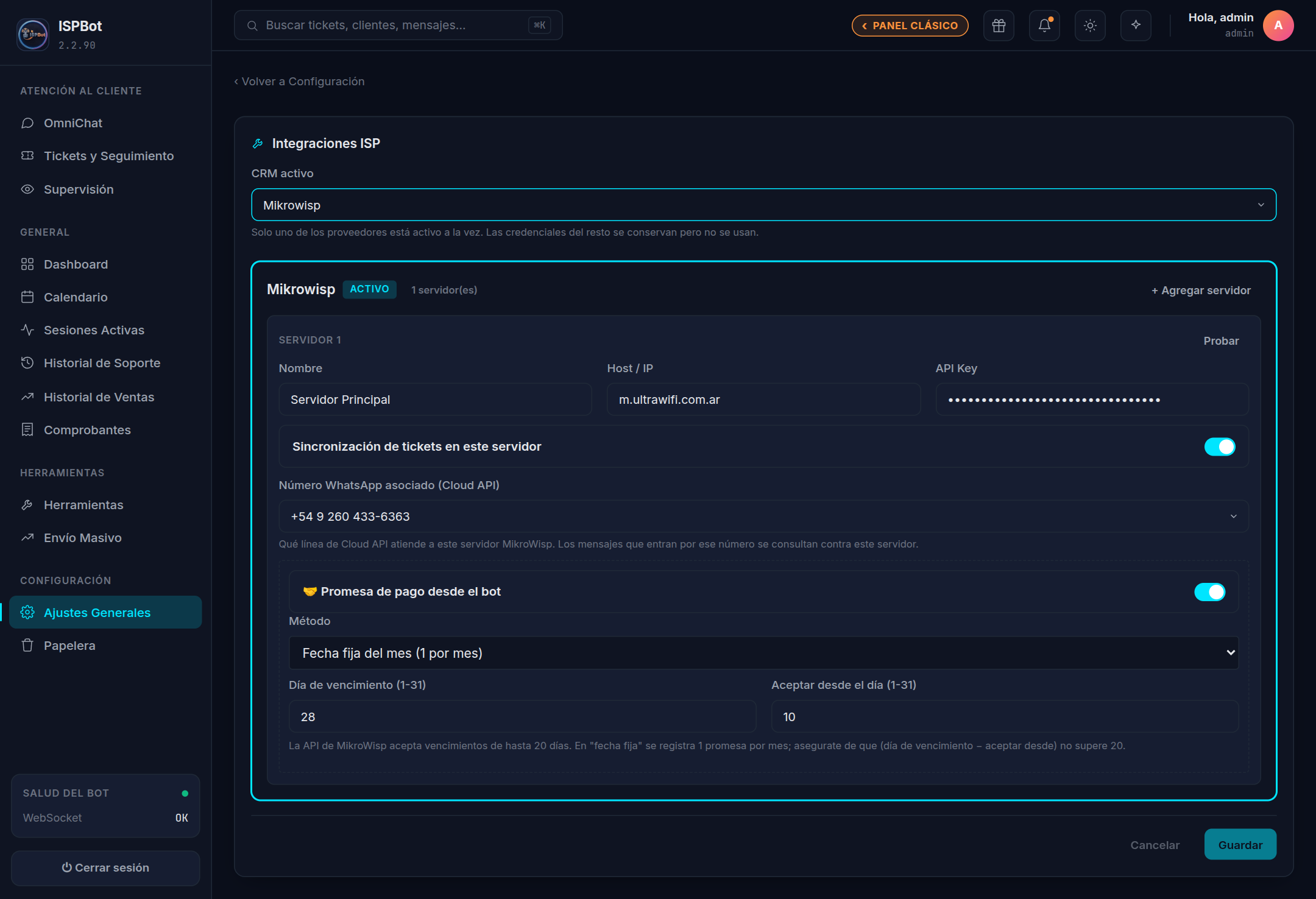 Captura — Mikrowisp con una tarjeta de servidor: Nombre, Host, API Key y boton Probar