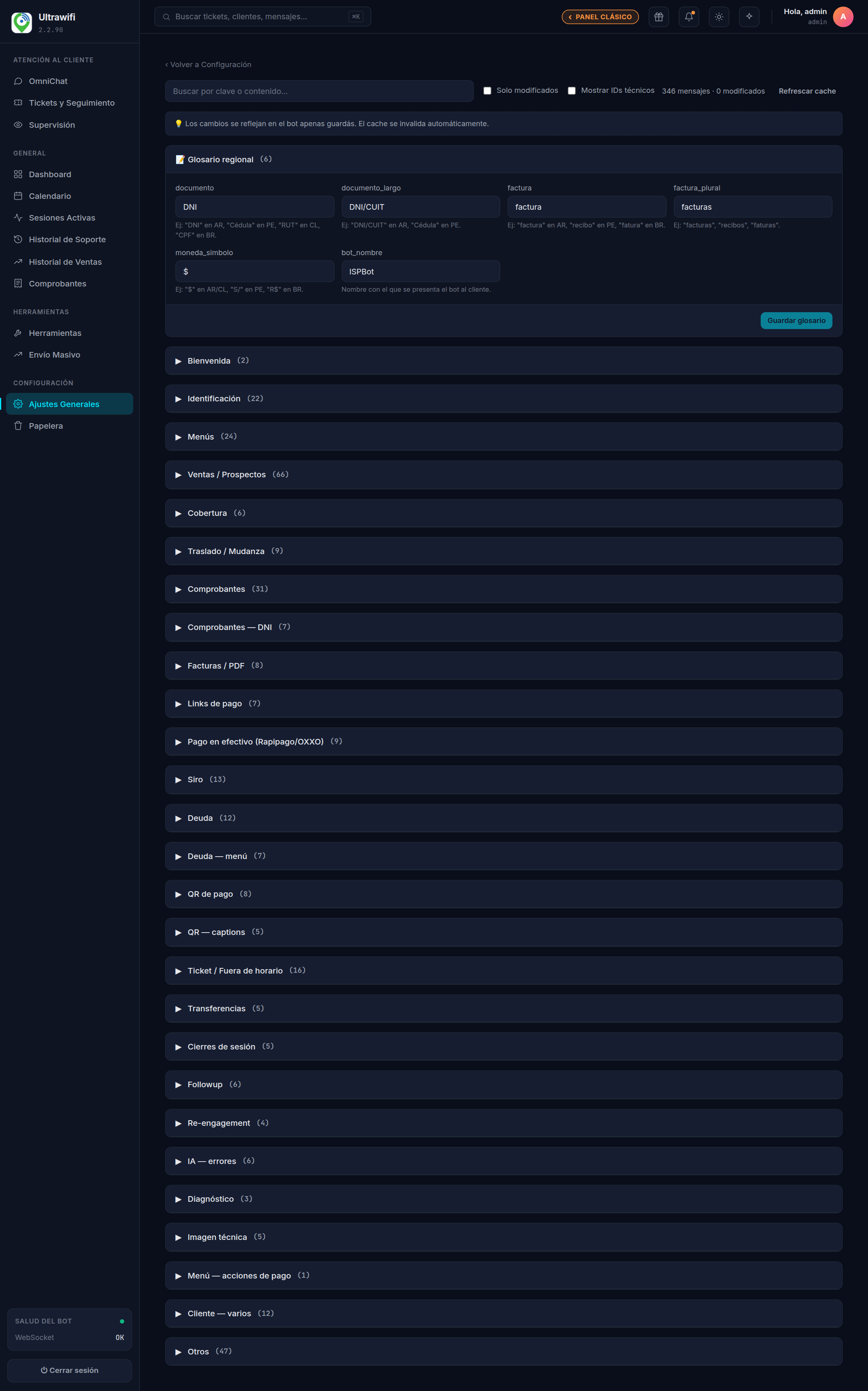 Captura — Bloque Glosario regional con los seis campos: documento, documento (forma larga), factura, factura (plural), símbolo de moneda y nombre del bot