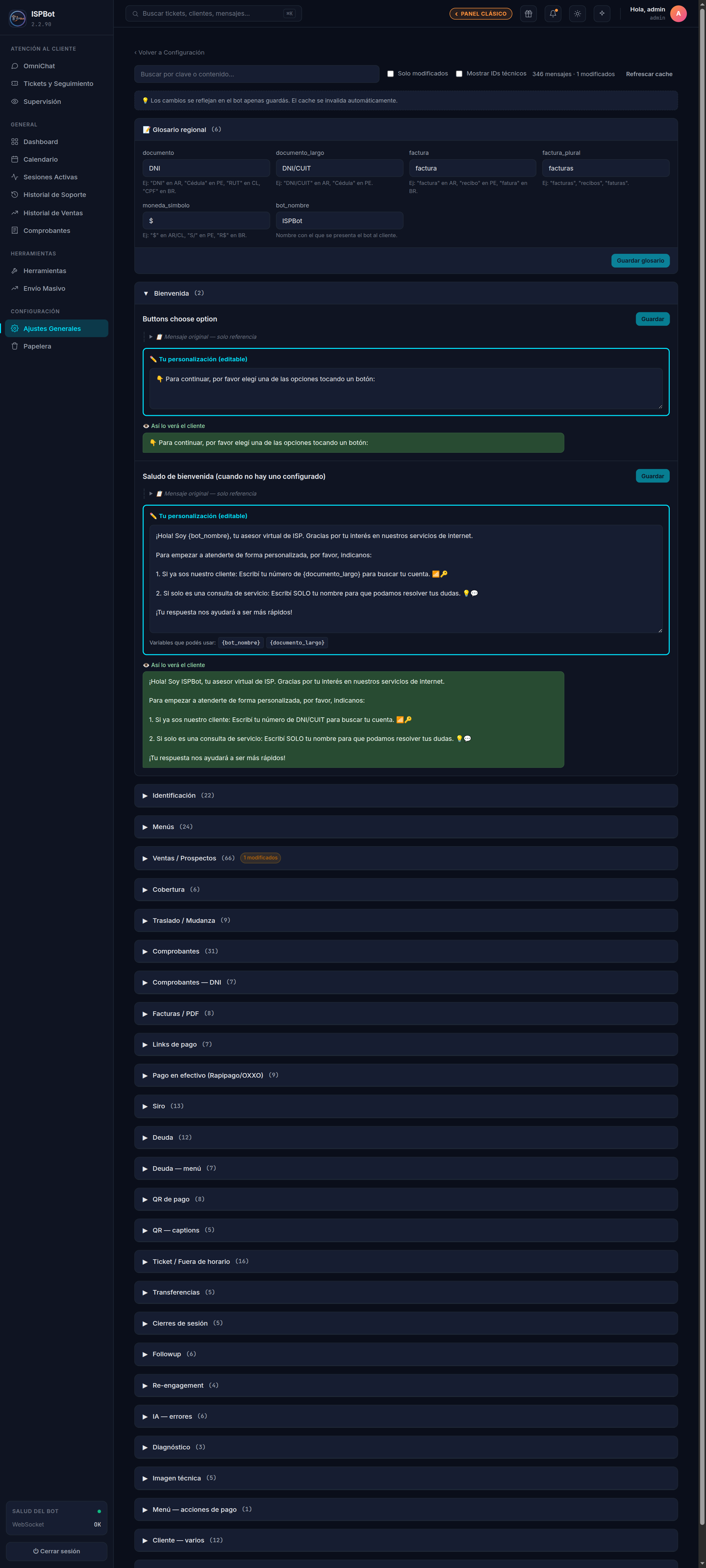 Captura — Un mensaje con el editor, las variables, la vista previa y el desplegable de texto original de referencia