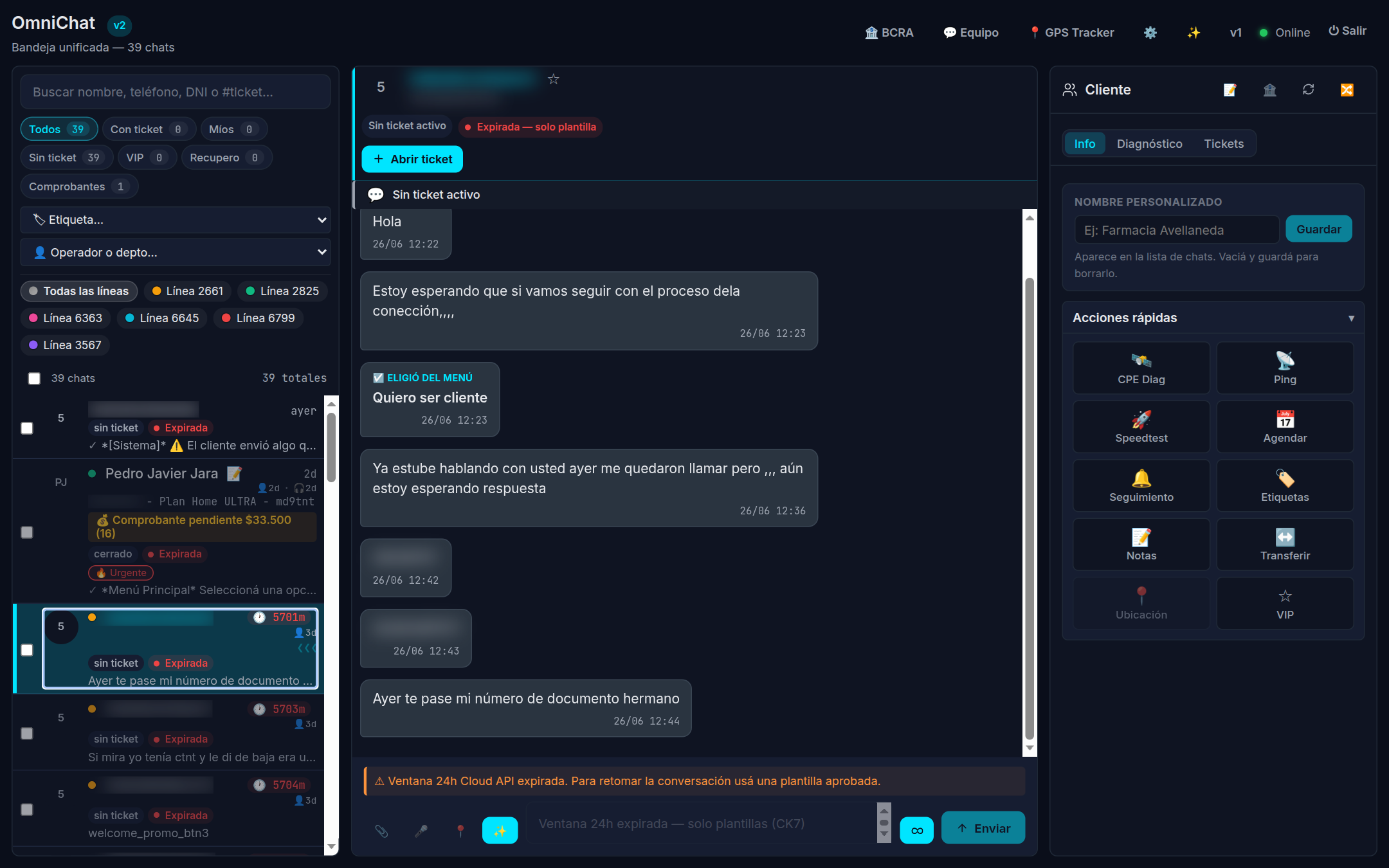 Captura — chat con un menú del bot y la opción elegida por el cliente