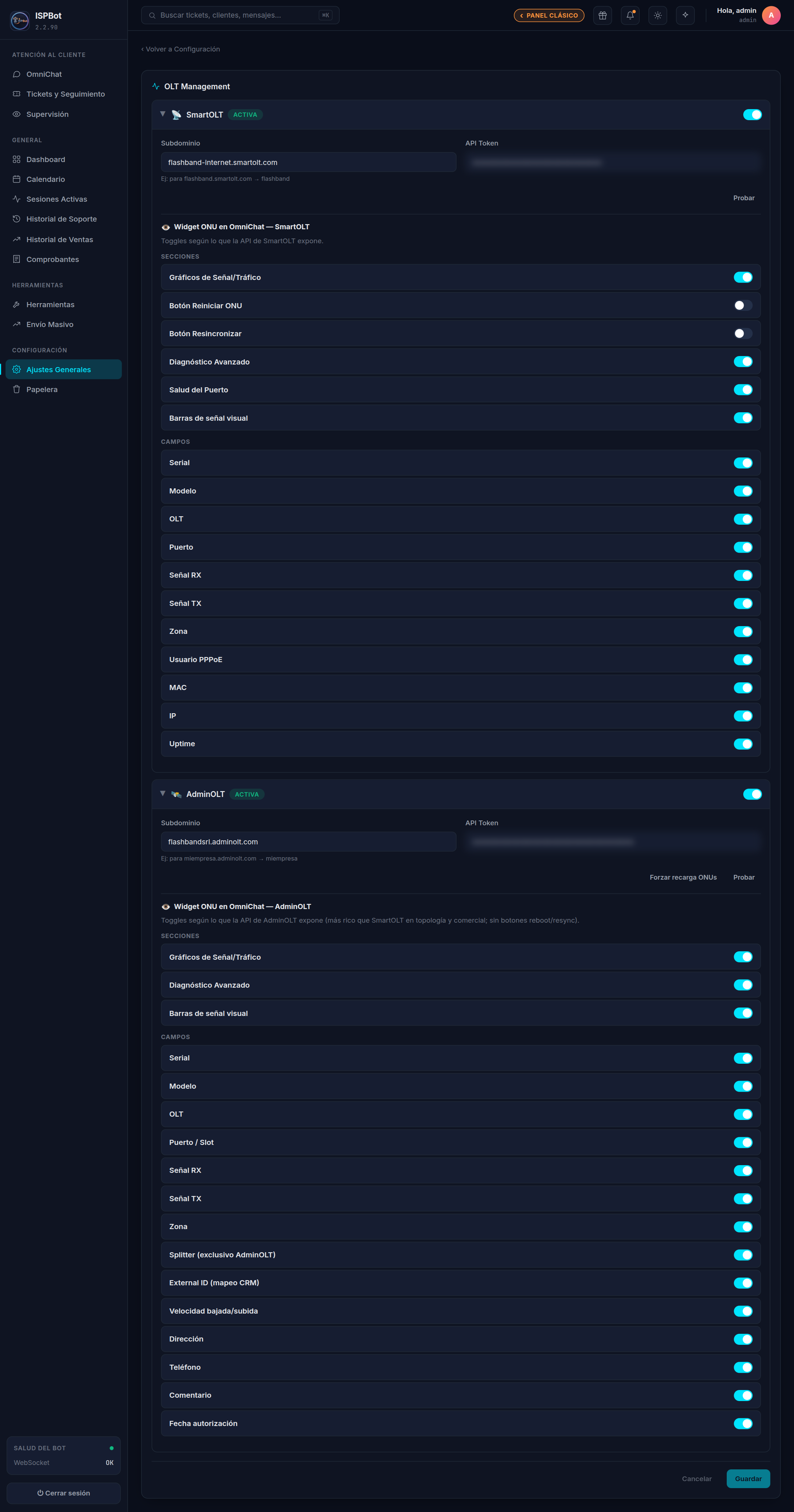 Captura — Pantalla OLT Management con los acordeones SmartOLT y AdminOLT