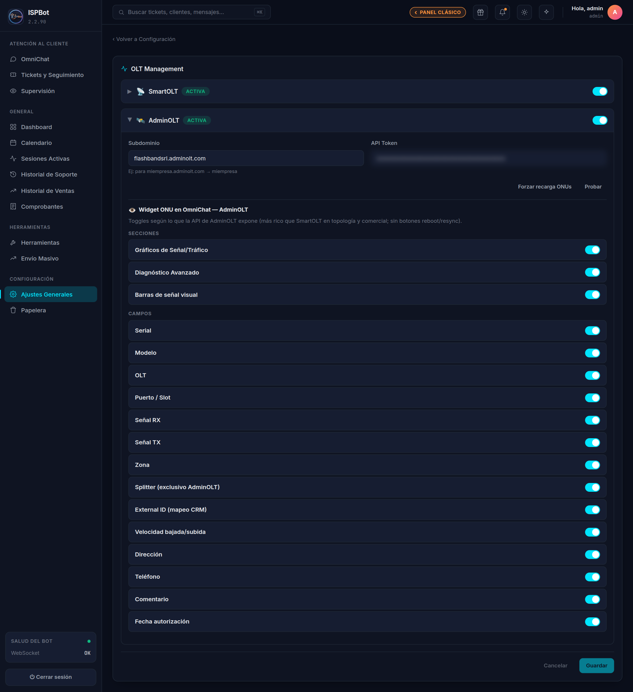 Captura — Bloque SmartOLT: Subdominio, API Token y boton Probar