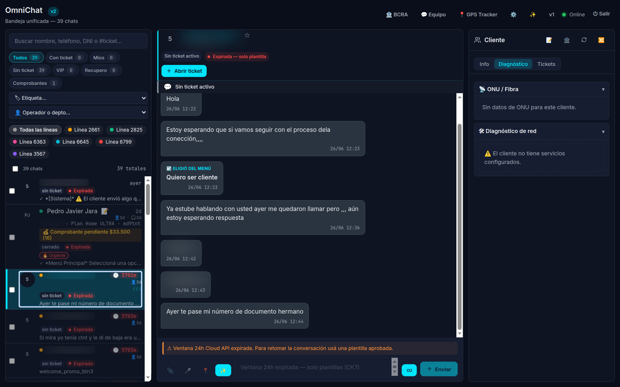 Captura — pestaña Diagnóstico del servicio