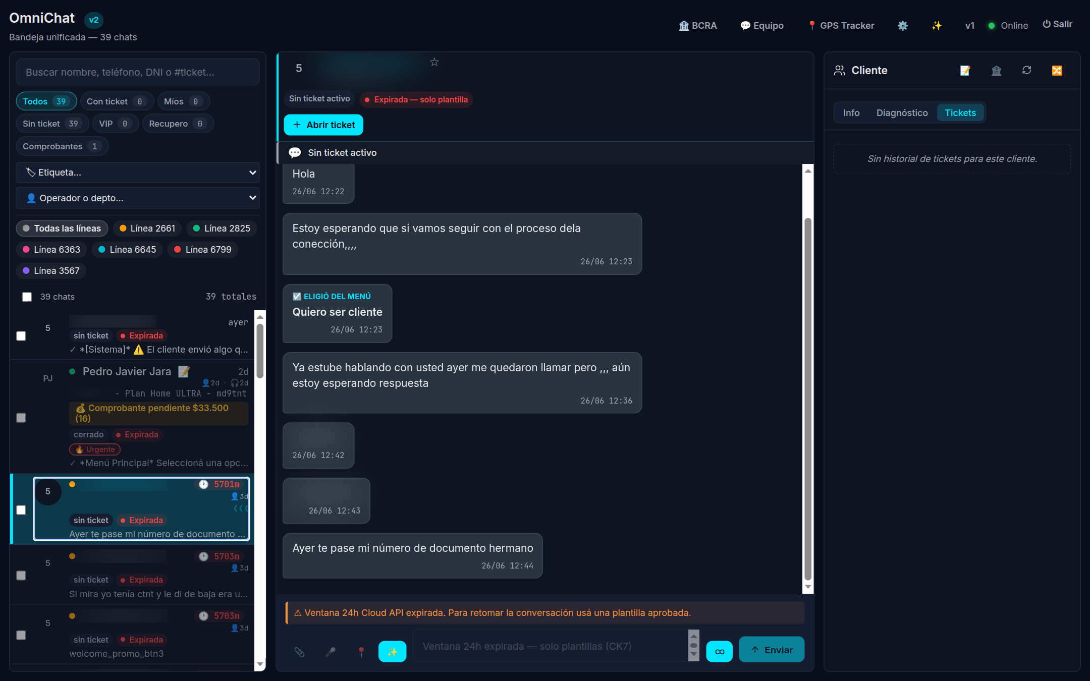 Captura — historial de tickets del cliente