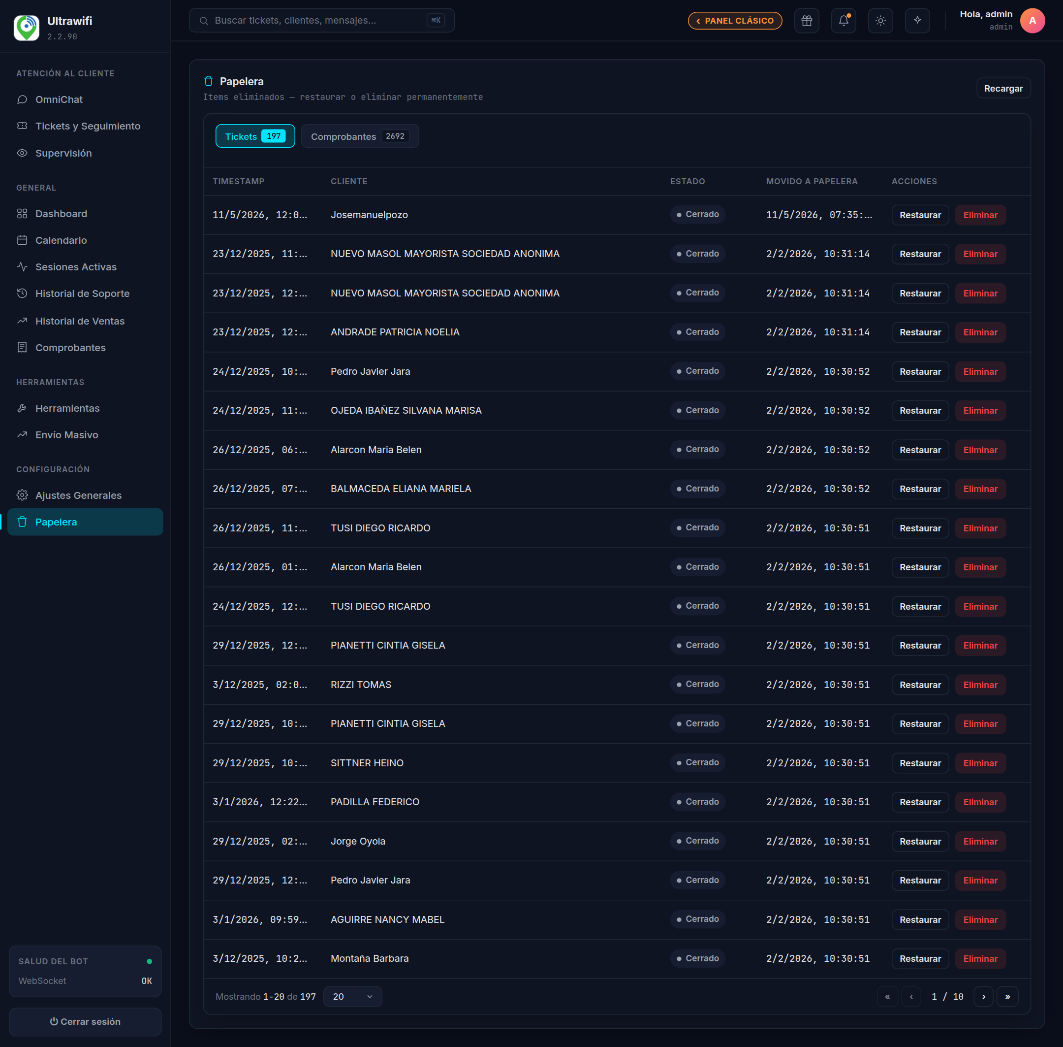 Captura — pestaña Tickets con la lista y las acciones Restaurar / Eliminar