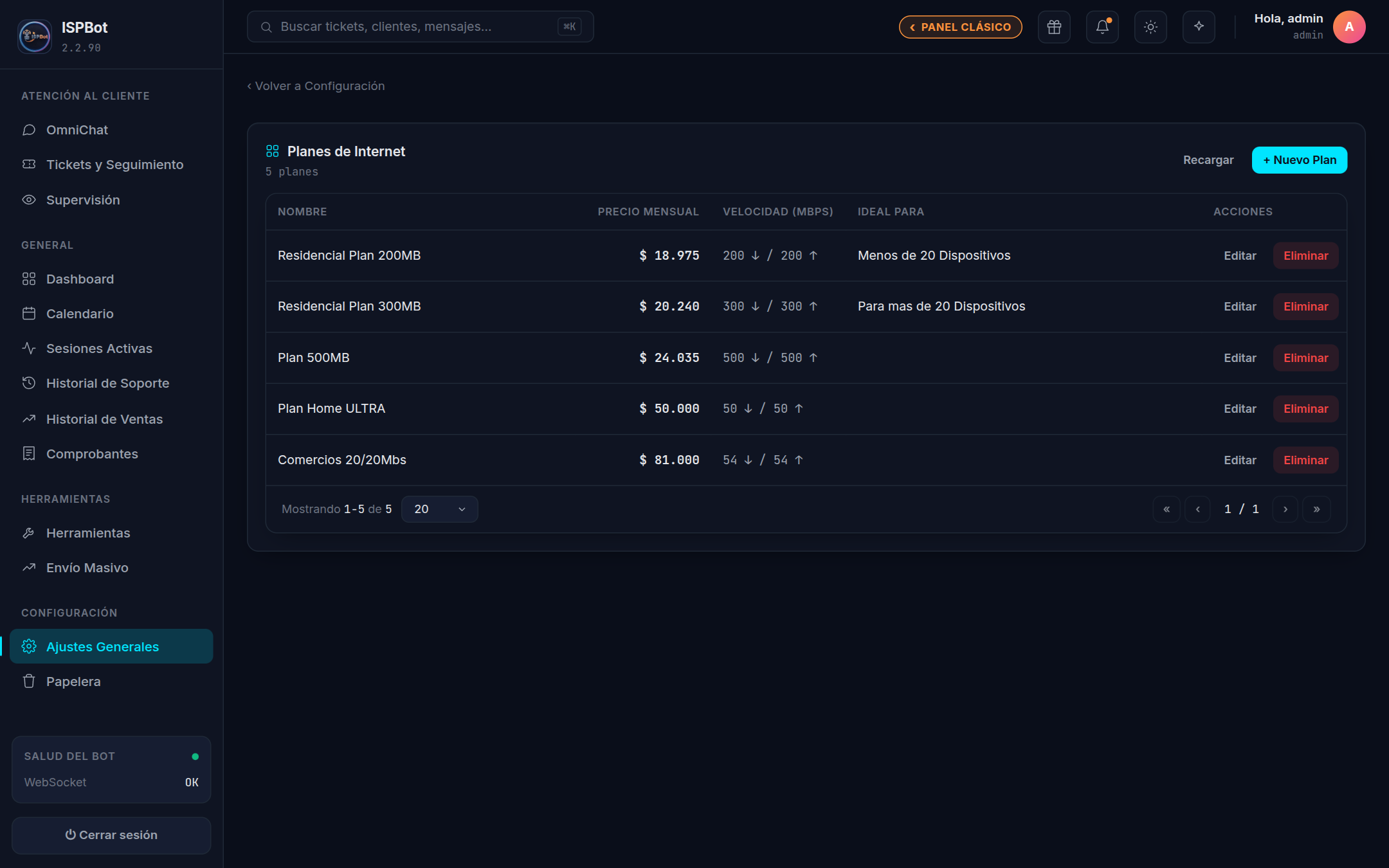 Captura — Lista de planes de Internet