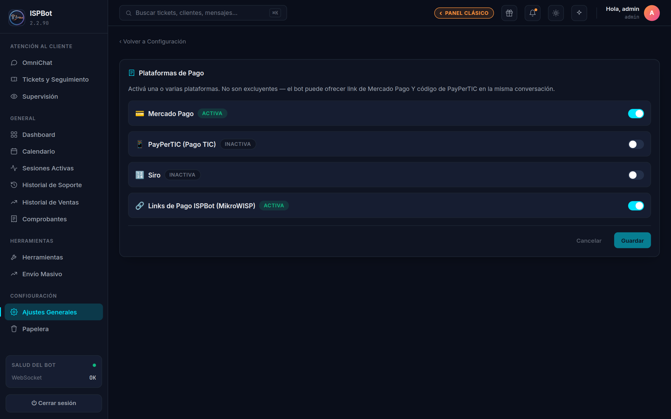 Captura — Acordeón de Mercado Pago abierto, mostrando el interruptor, el método de conexión y el campo de Access Token.