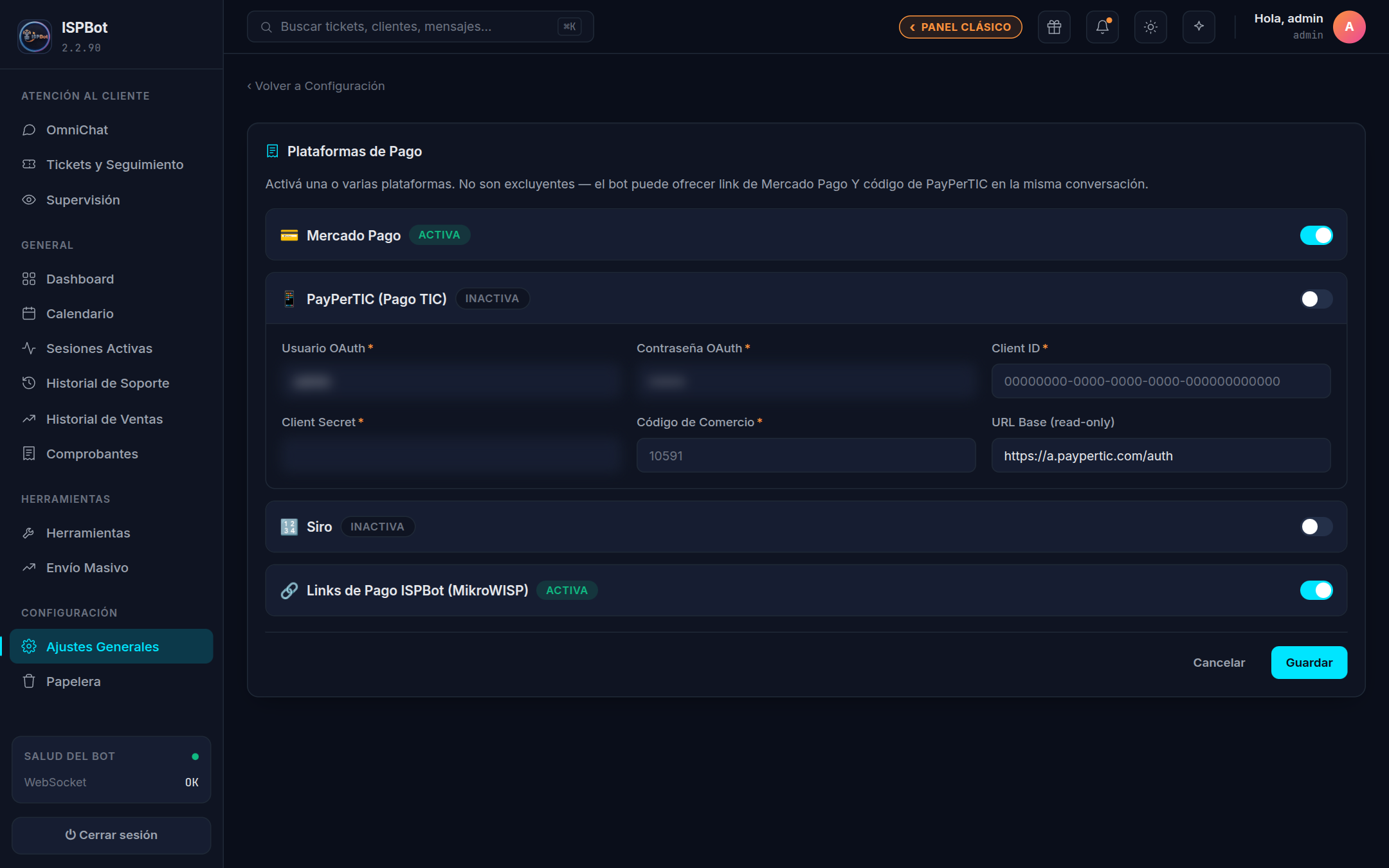 Captura — Acordeón de PayPerTIC abierto con sus campos de credenciales (Usuario y Contraseña OAuth, Client ID, Client Secret, Código de Comercio).