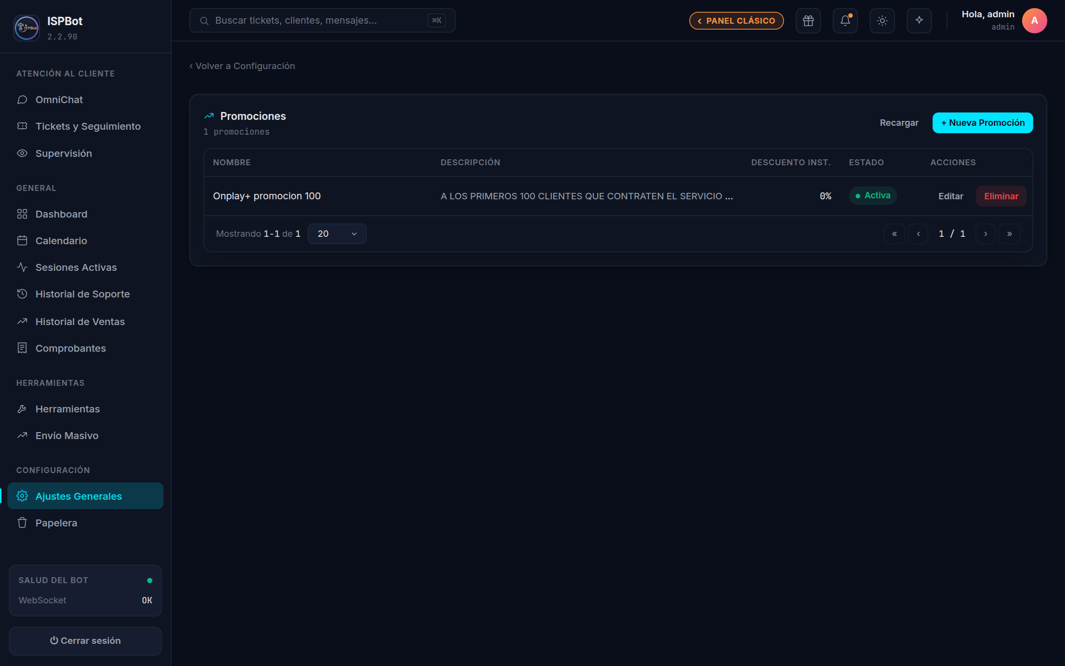 Captura — Lista de promociones con sus columnas y botones