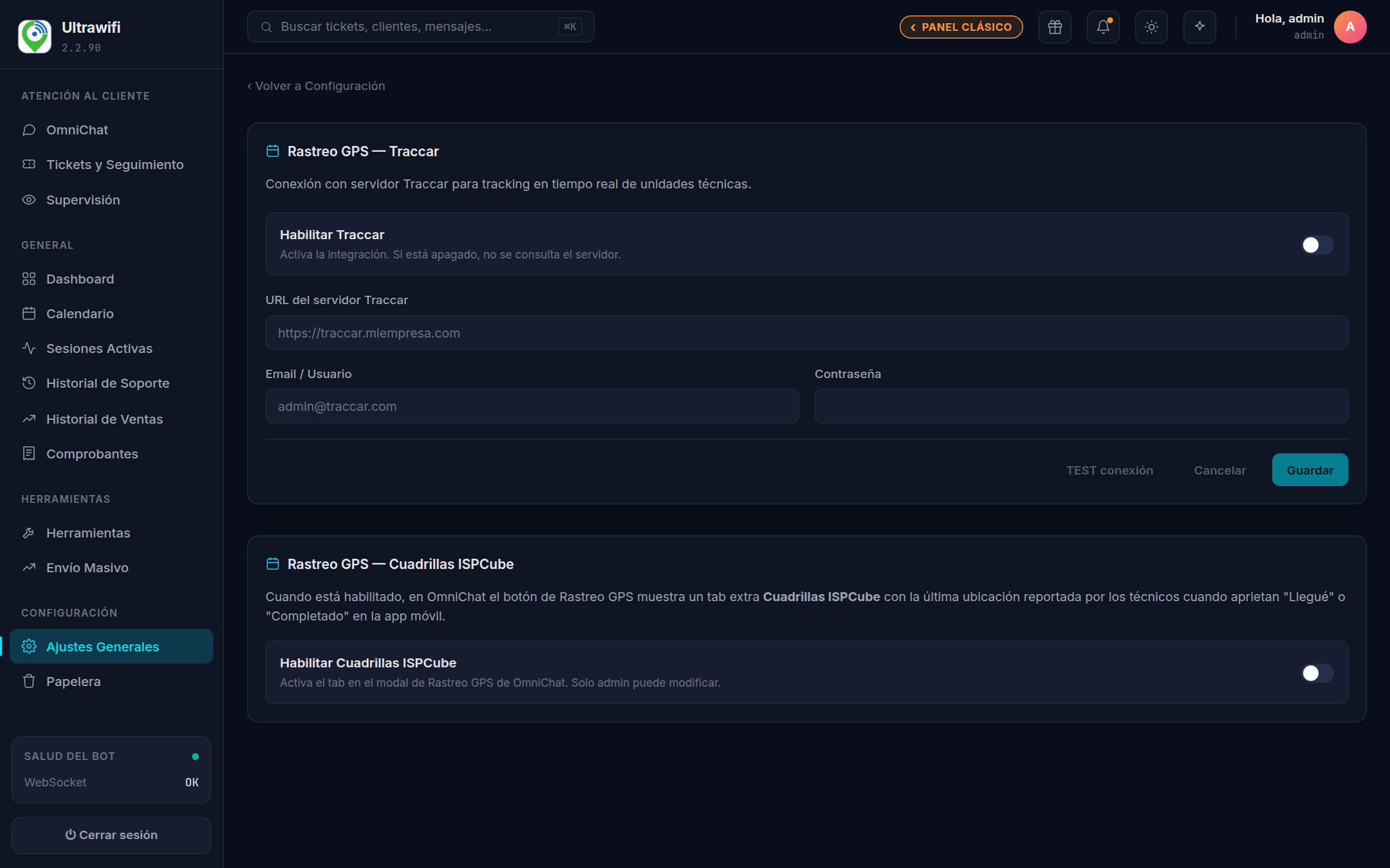 Captura — Tarjeta de conexión con Traccar: interruptor, URL, usuario y contraseña