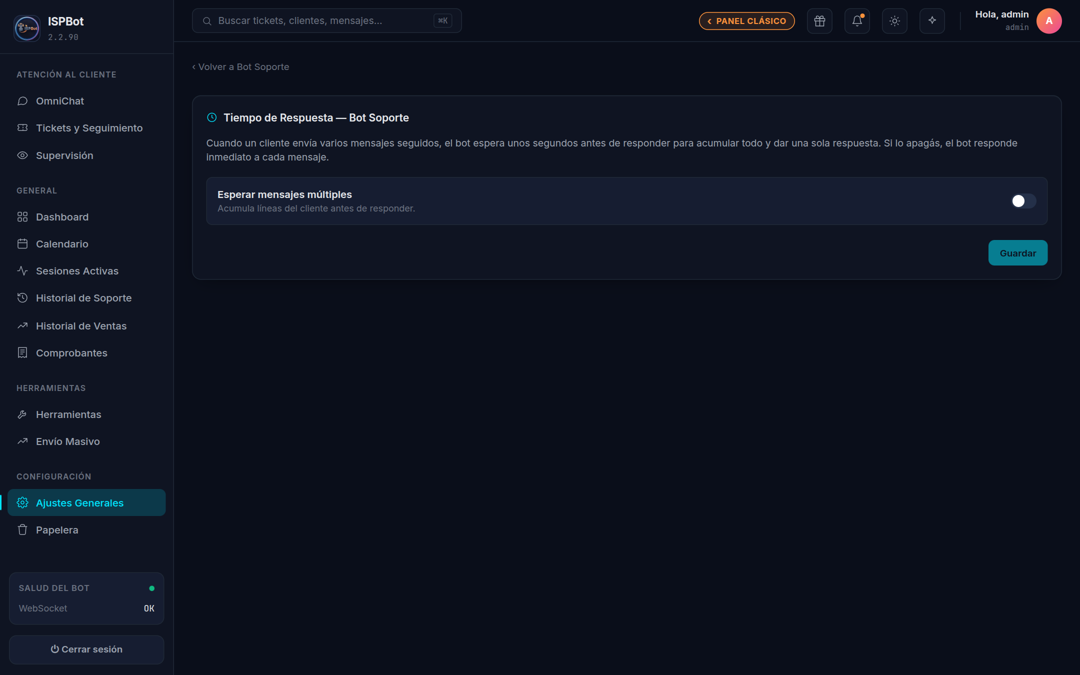 Captura — pantalla Tiempo de Respuesta del Bot Soporte