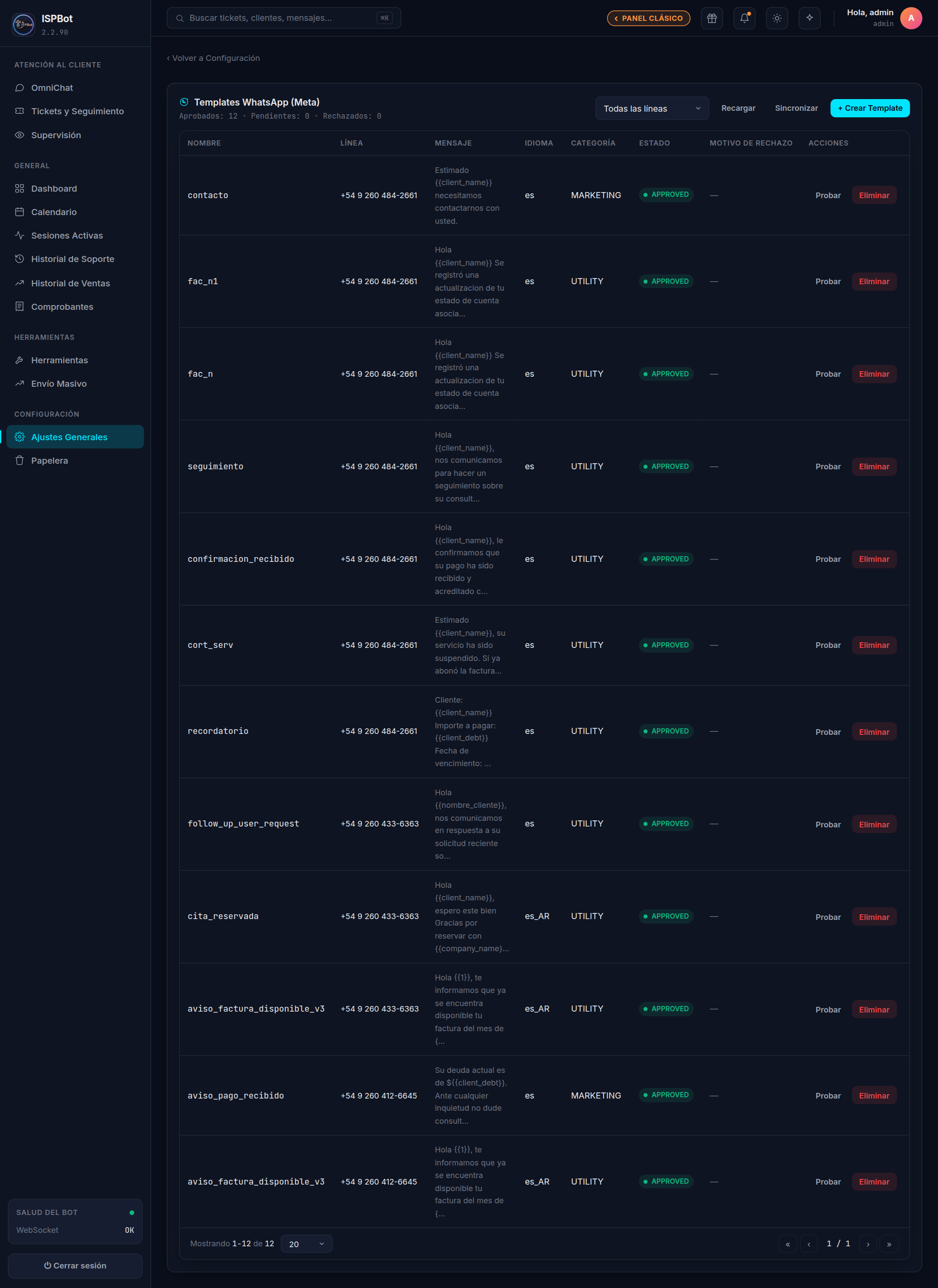 Captura — Lista de templates con su estado