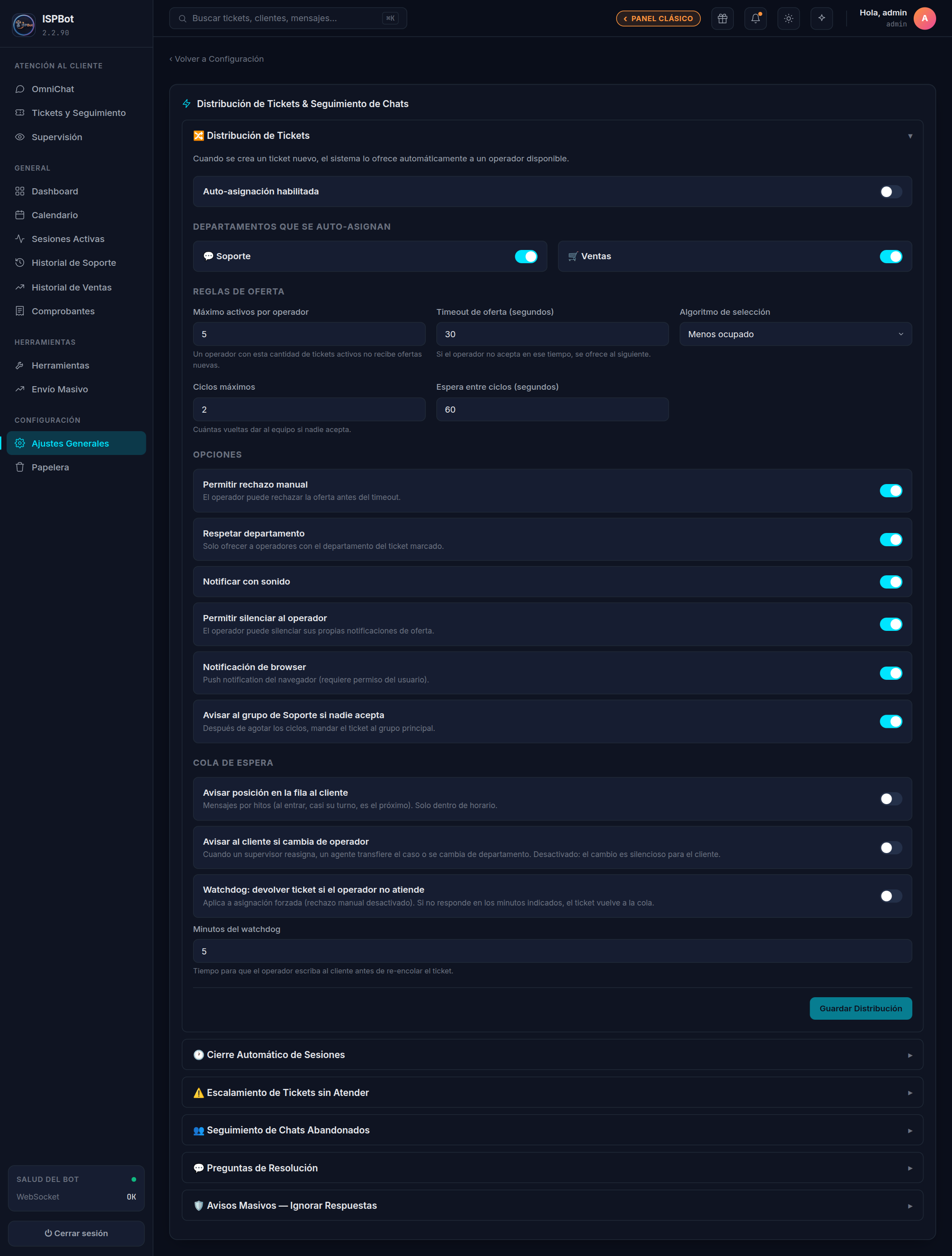 Captura — bloque Distribución de Tickets con reglas de oferta y opciones