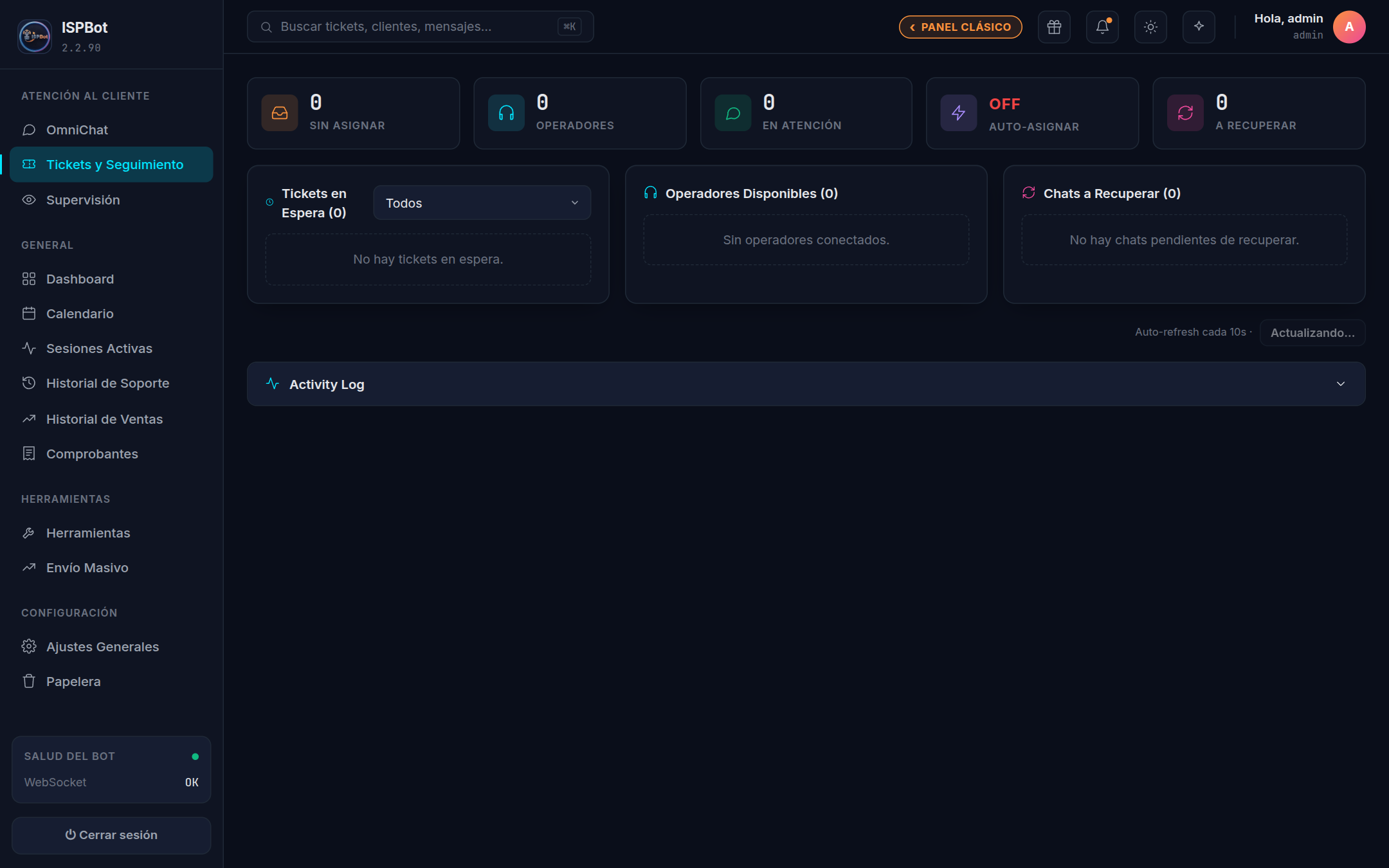 Captura — panel Operadores Disponibles con la carga de cada uno