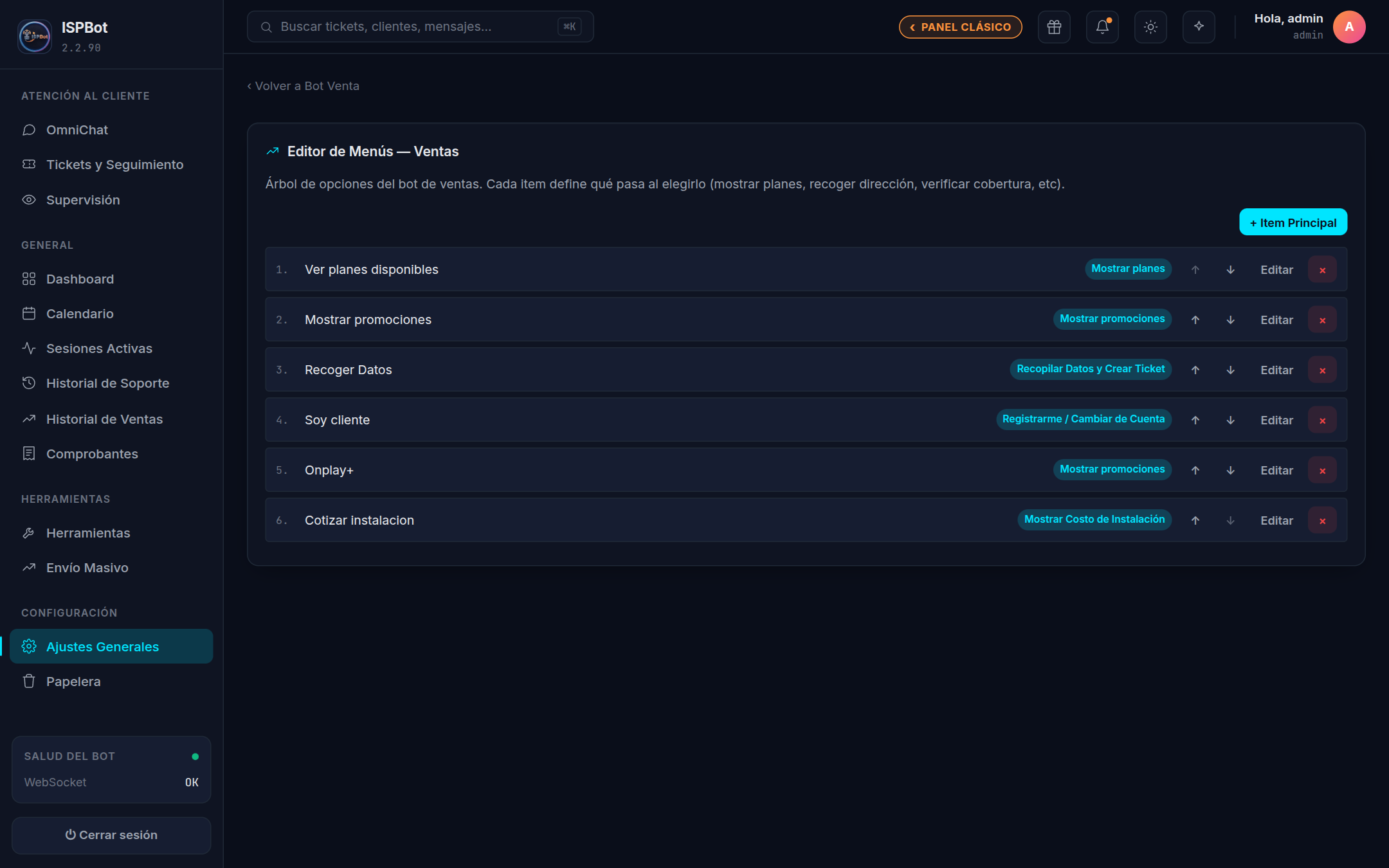 Captura — Vista general del árbol de opciones del bot de ventas