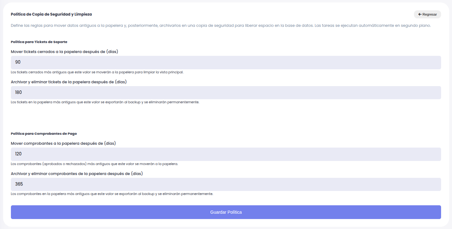 Panel de configuración de copias de seguridad