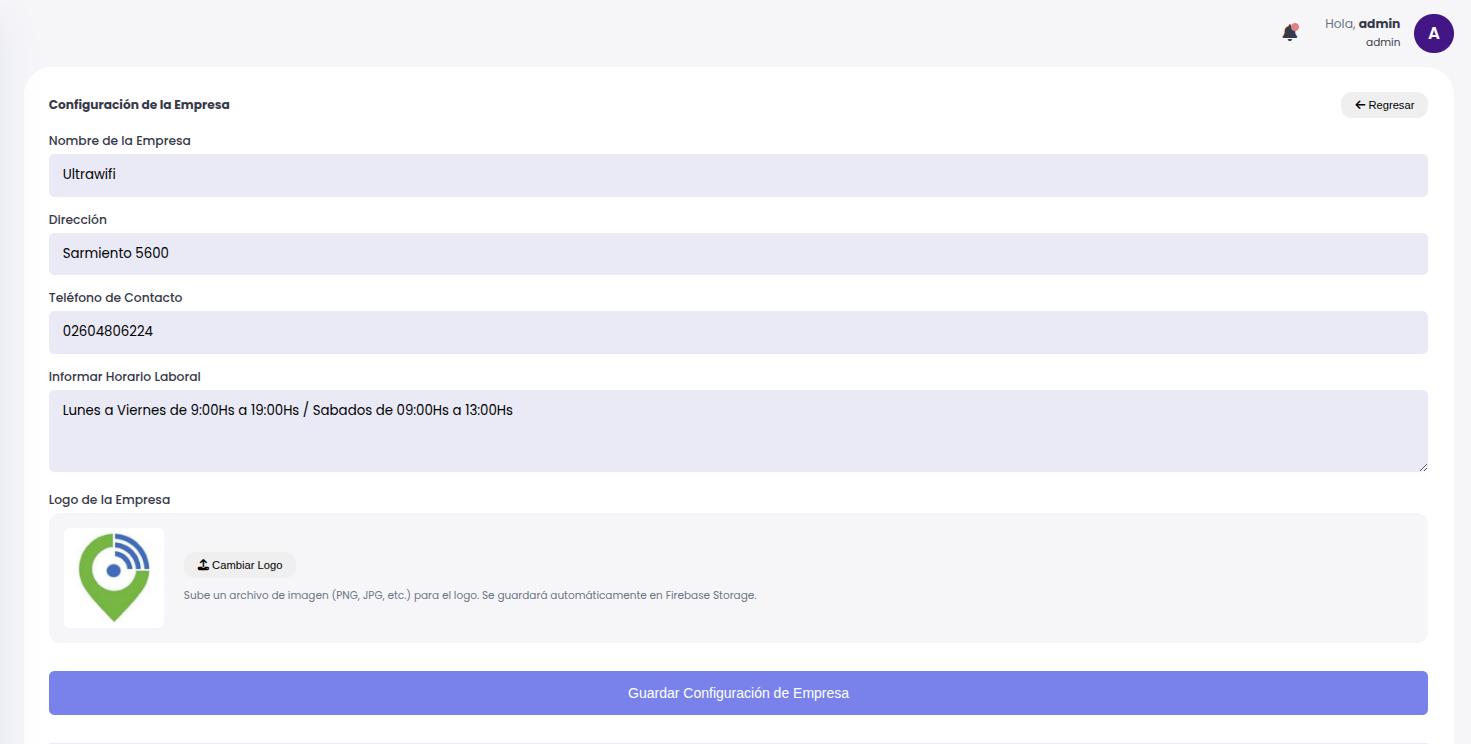 Panel de configuración de la empresa