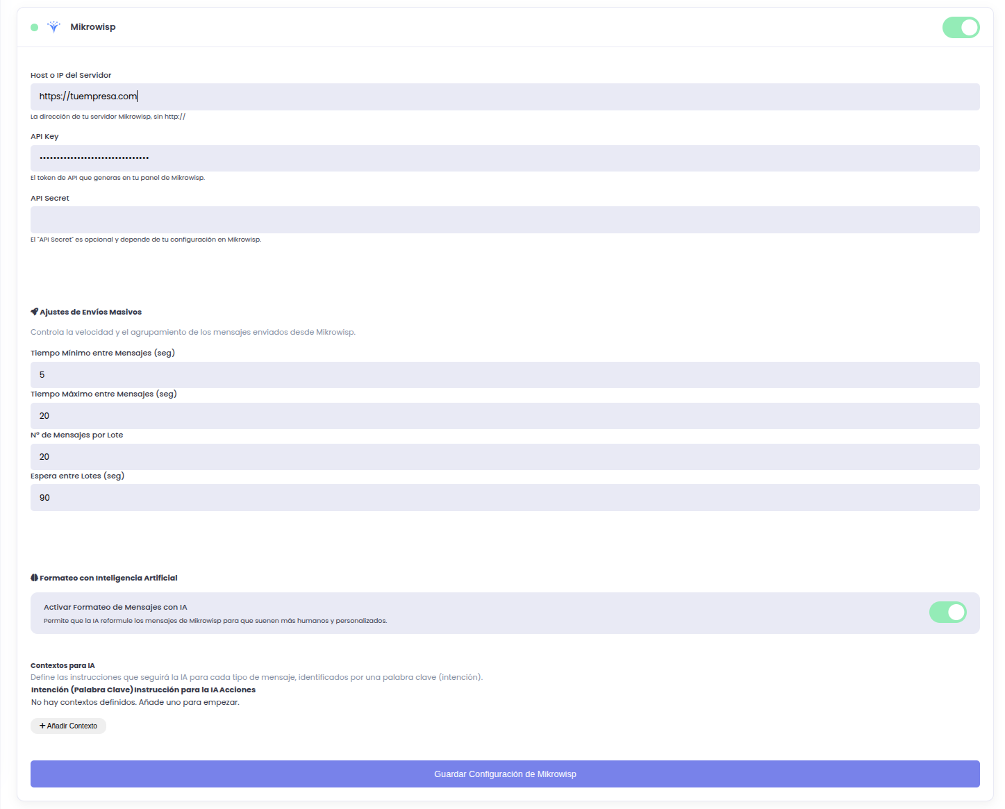 Panel de configuración de MikroWisp